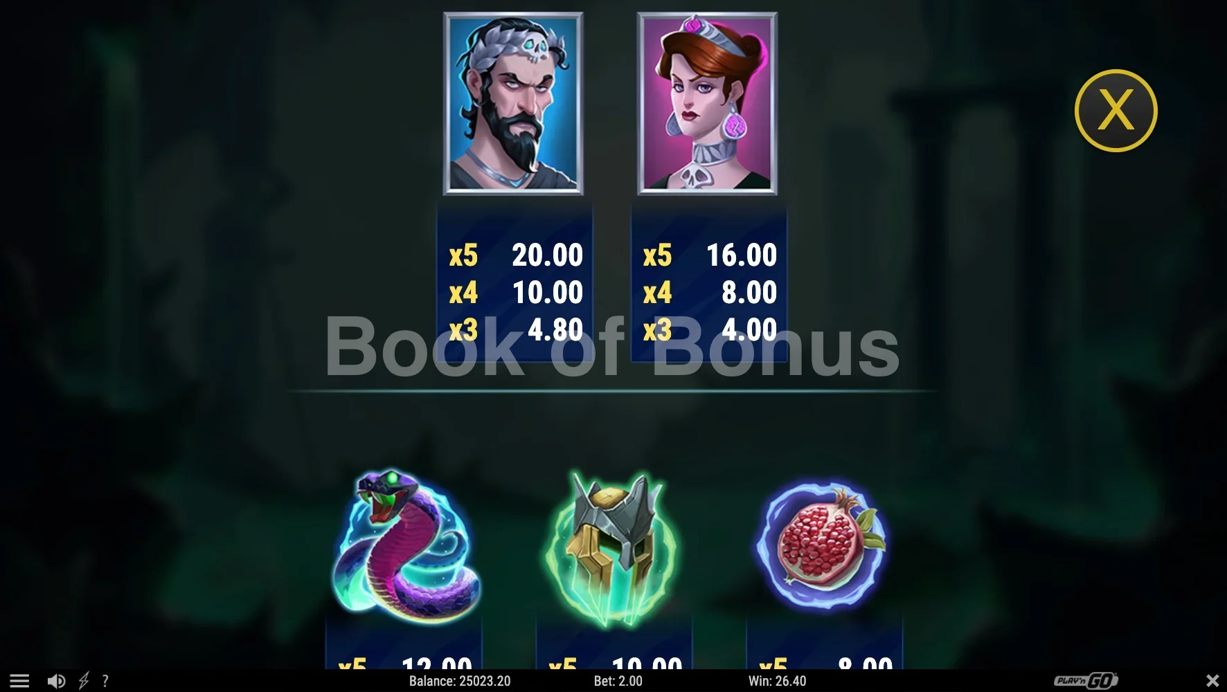Rise of Orpheus par Play'n GO - table des gains et valeurs des symboles