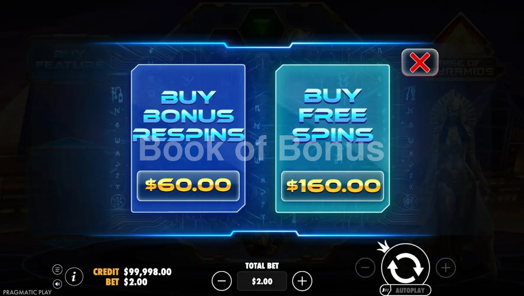 Rise of Pyramids par Pragmatic Play - menu d'achat de bonus et options