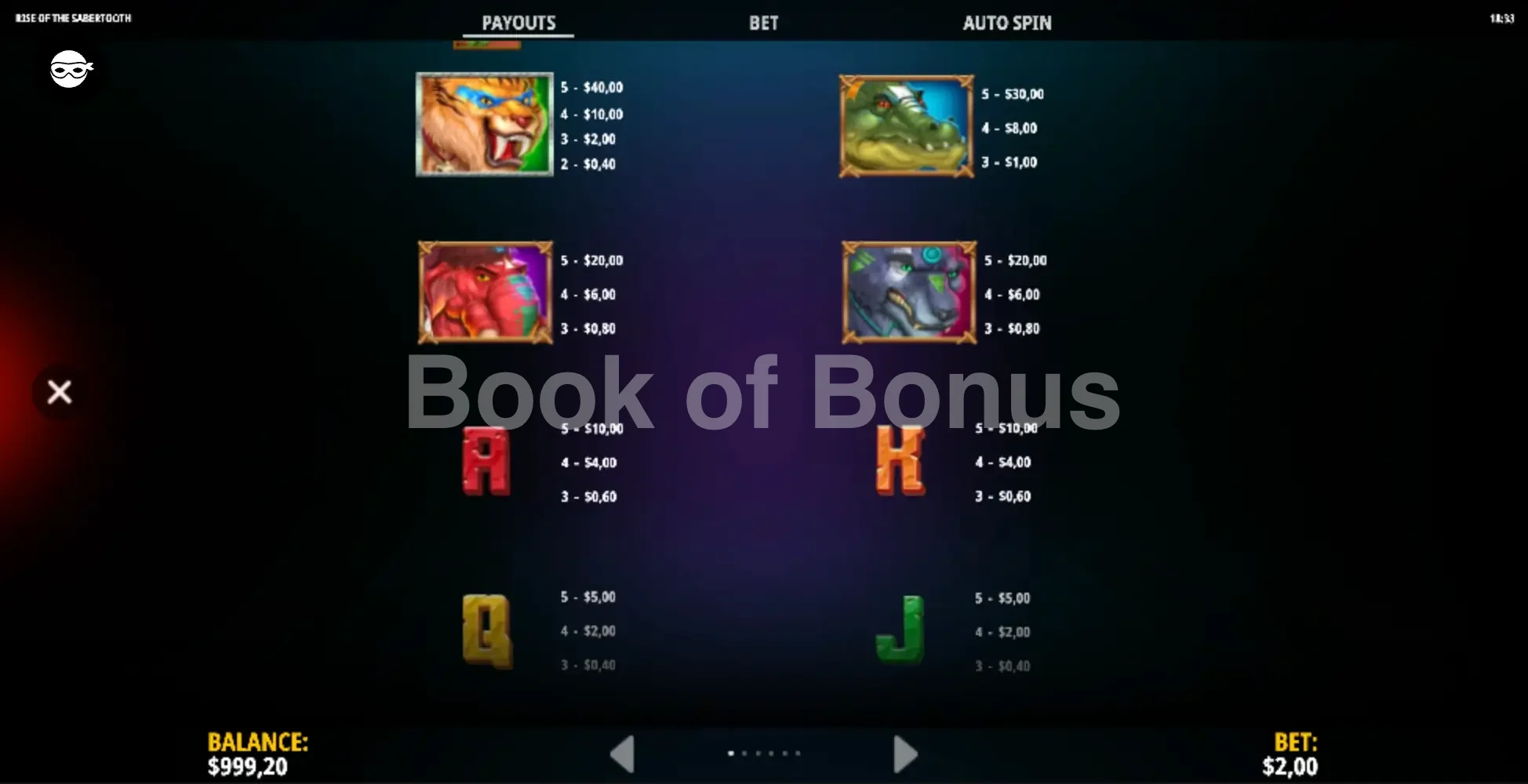 Rise of the Sabertooth par iSoftBet - table des gains et valeurs des symboles