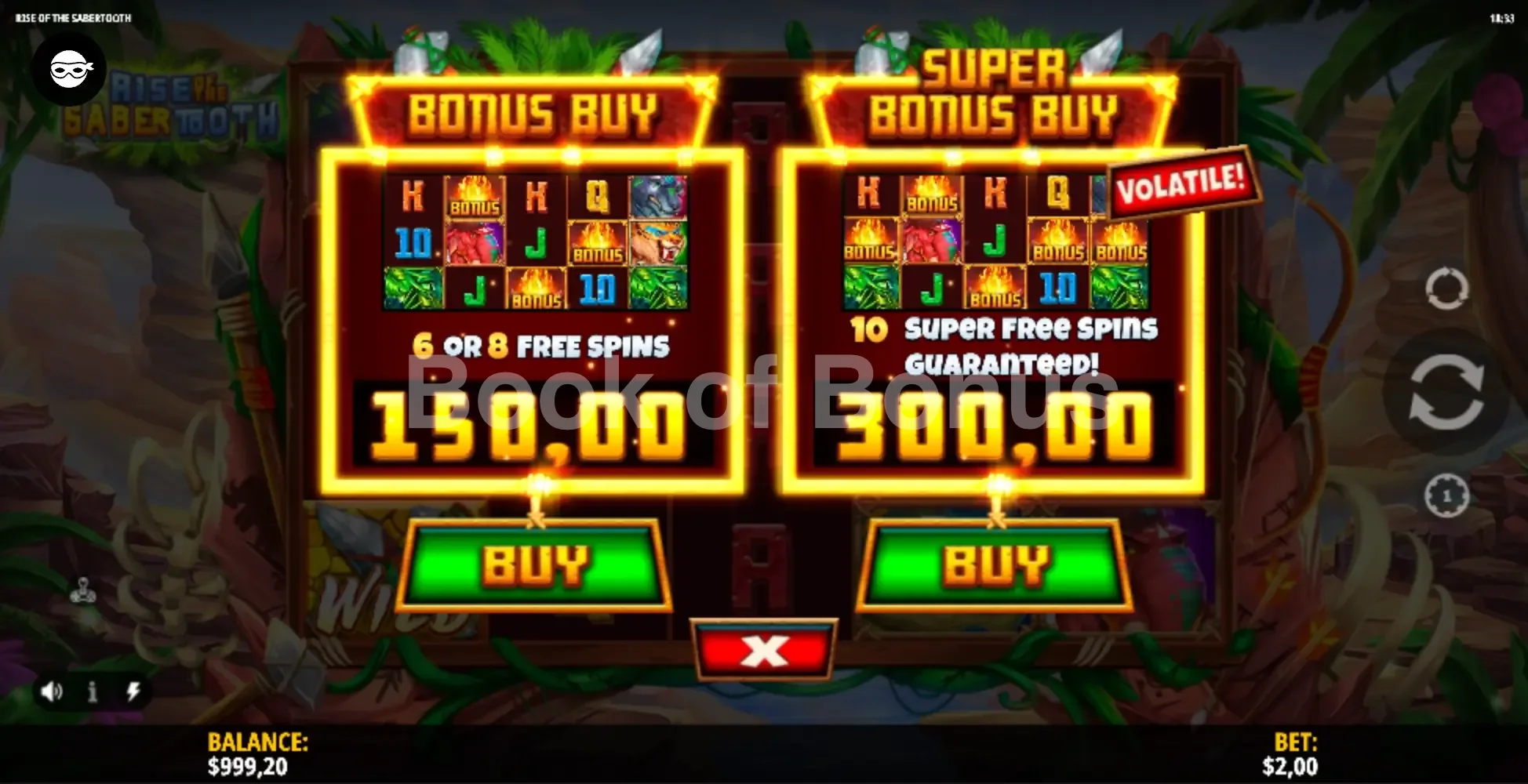 Rise of the Sabertooth par iSoftBet - menu d'achat de bonus et options