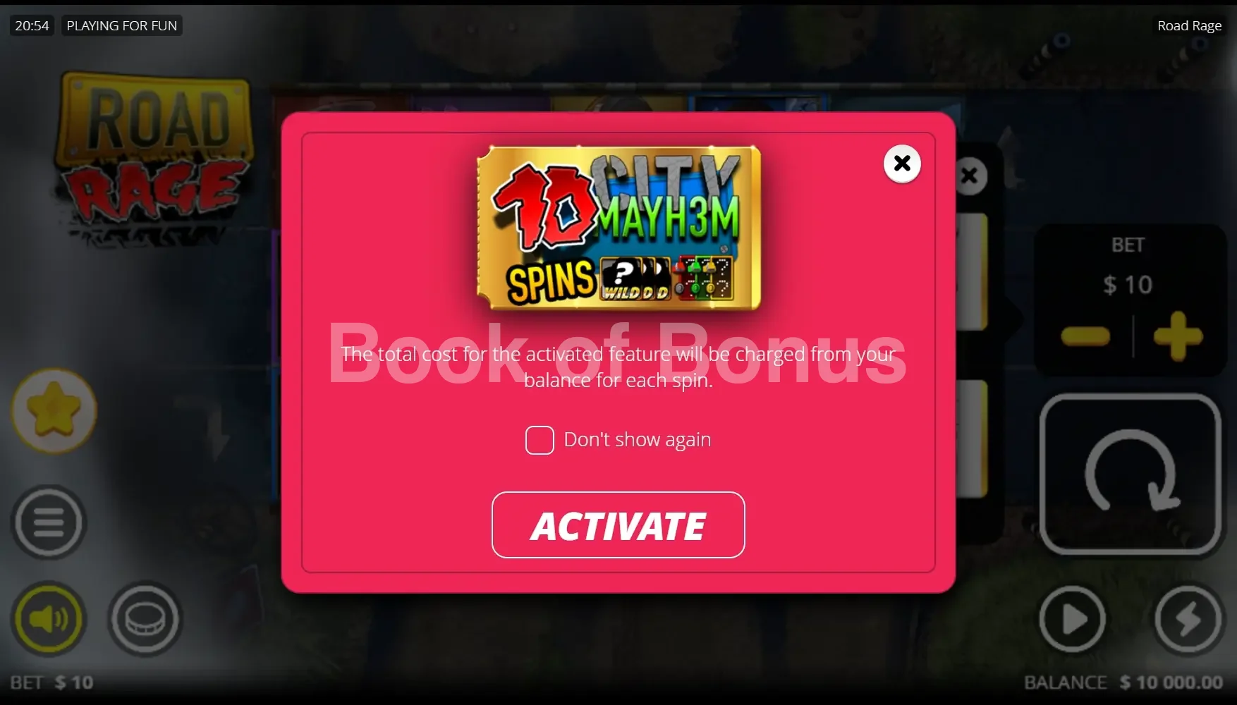 Road Rage par Nolimit City - menu d'achat de bonus et options