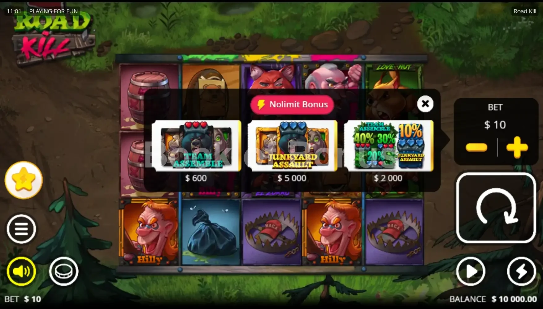 Roadkill par Nolimit City - menu d'achat de bonus et options