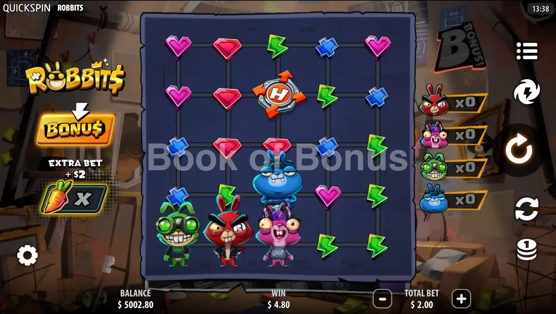 Robbits par Quickspin - jeu de base et disposition des rouleaux
