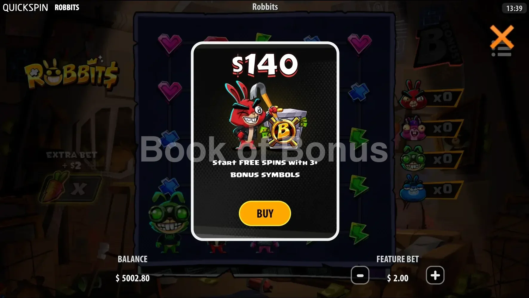 Robbits par Quickspin - menu d'achat de bonus et options