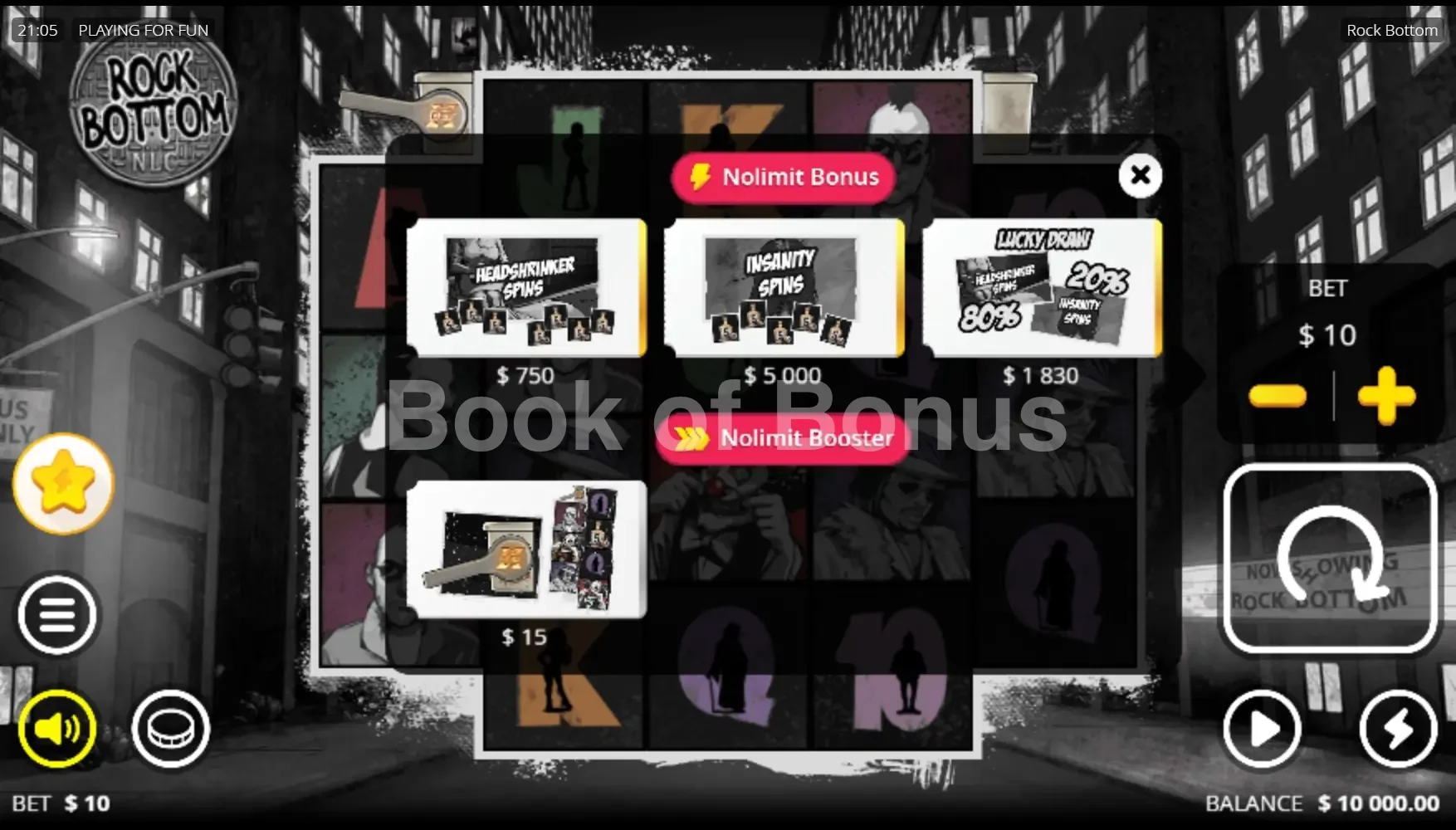 Rock Bottom par Nolimit City - menu d'achat de bonus et options