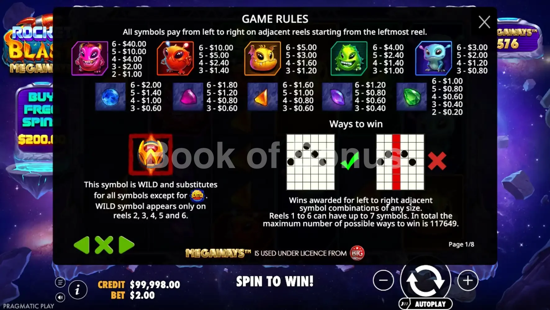 Rocket Blast Megaways par Pragmatic Play - table des gains et valeurs des symboles