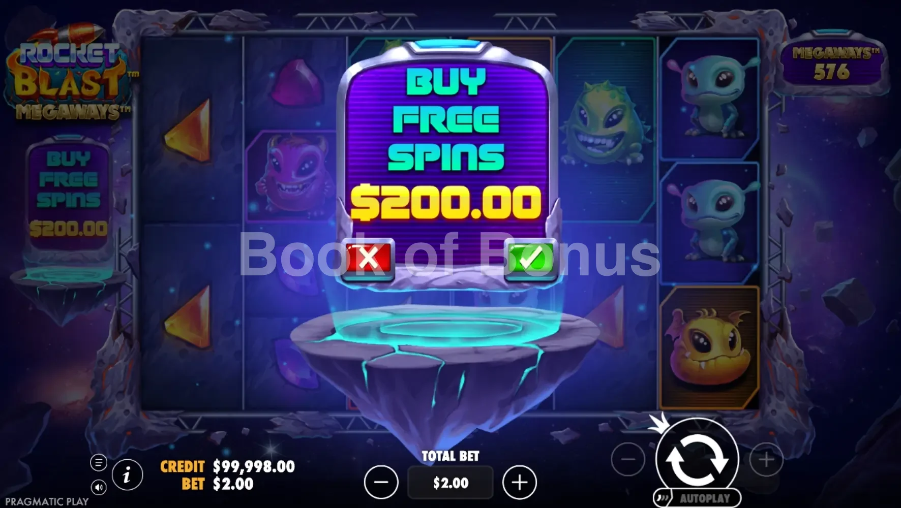 Rocket Blast Megaways par Pragmatic Play - menu d'achat de bonus et options