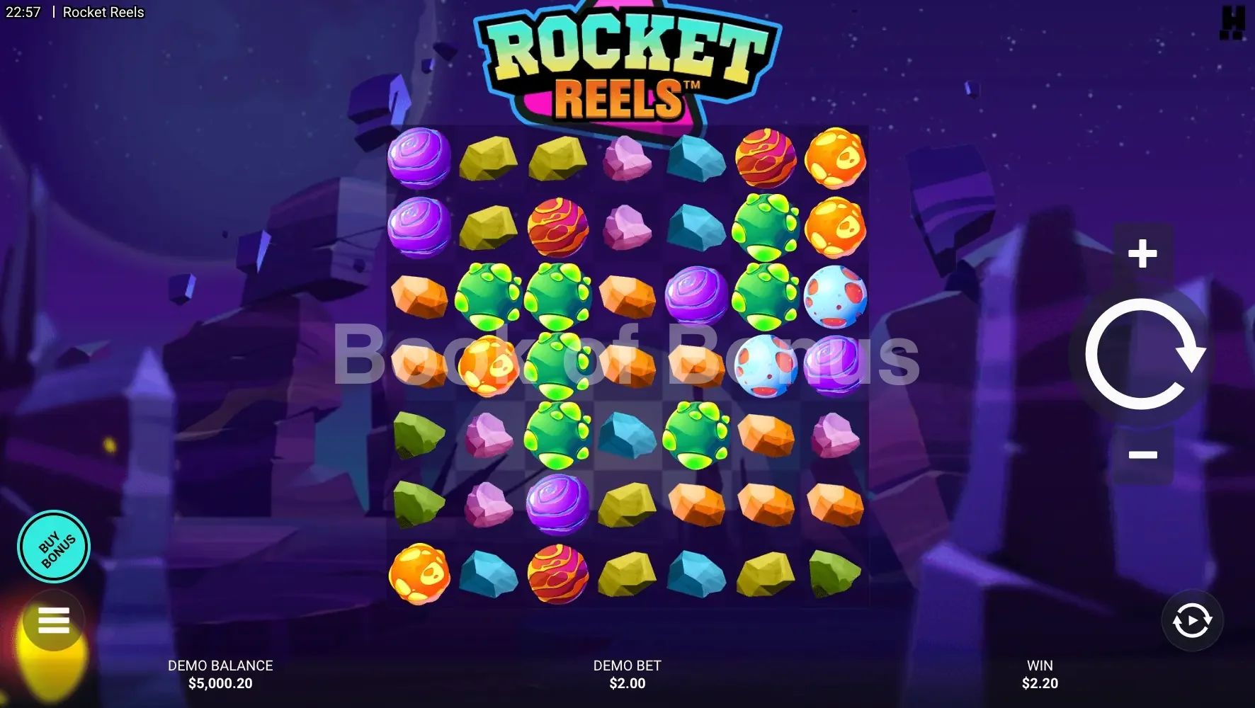 Rocket Reels par Hacksaw Gaming - jeu de base et disposition des rouleaux