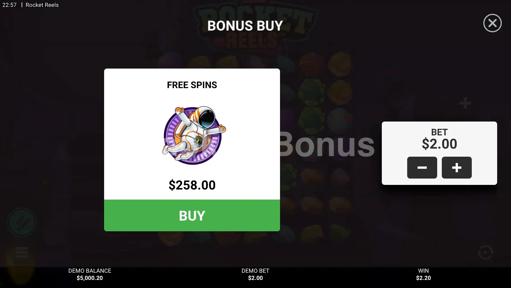 Rocket Reels par Hacksaw Gaming - menu d'achat de bonus et options