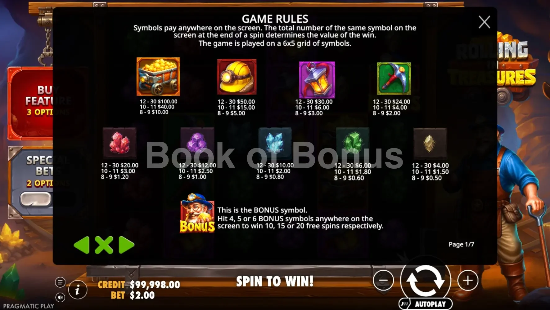 Rolling in Treasures par Pragmatic Play - table des gains et valeurs des symboles