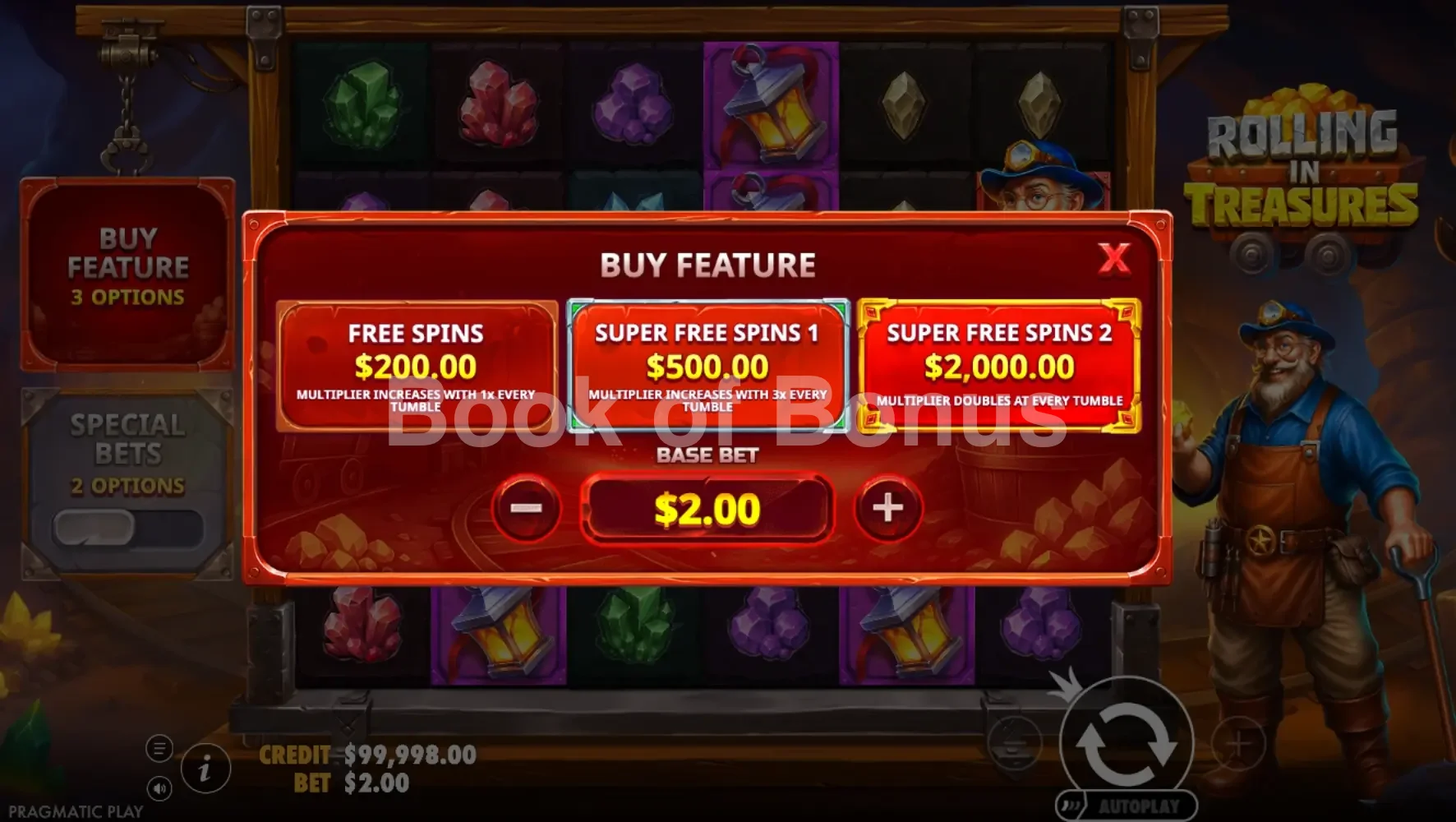 Rolling in Treasures par Pragmatic Play - menu d'achat de bonus et options