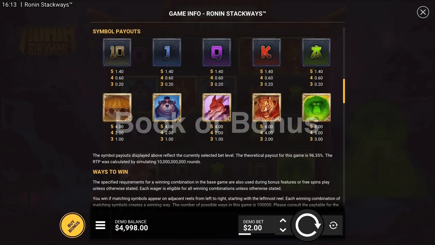 Ronin StackWays par Hacksaw Gaming - table des gains et valeurs des symboles