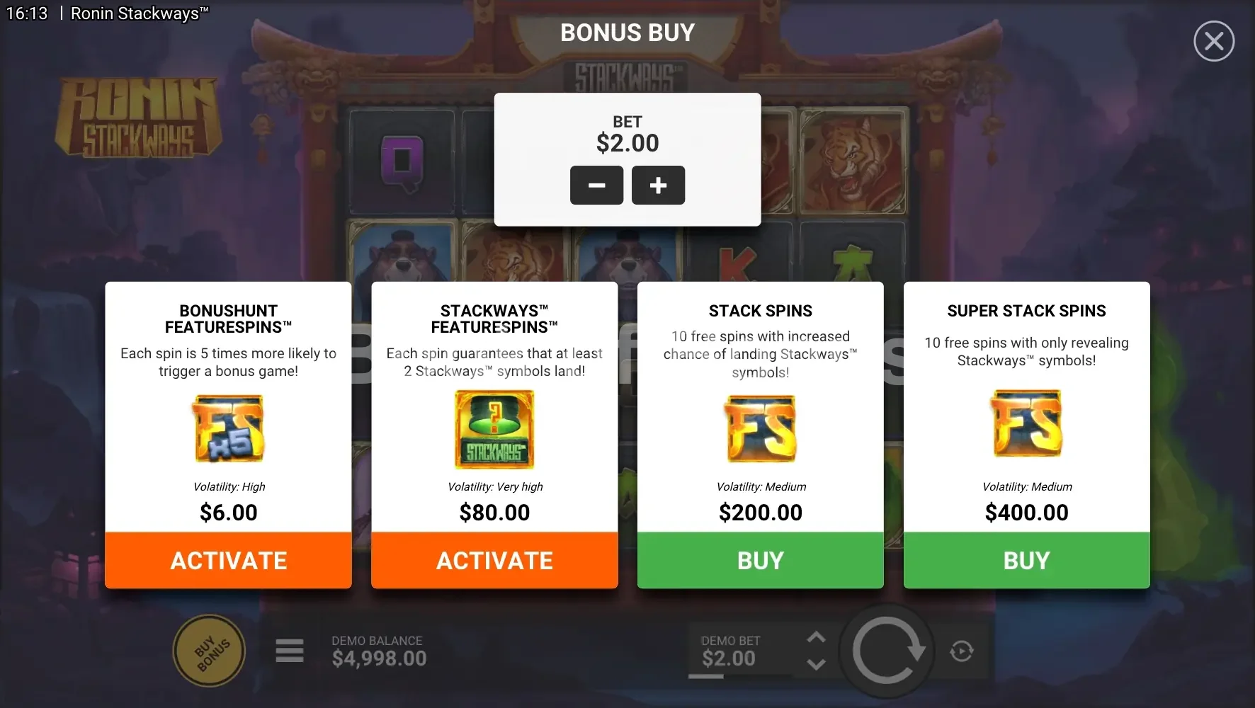 Ronin StackWays par Hacksaw Gaming - menu d'achat de bonus et options