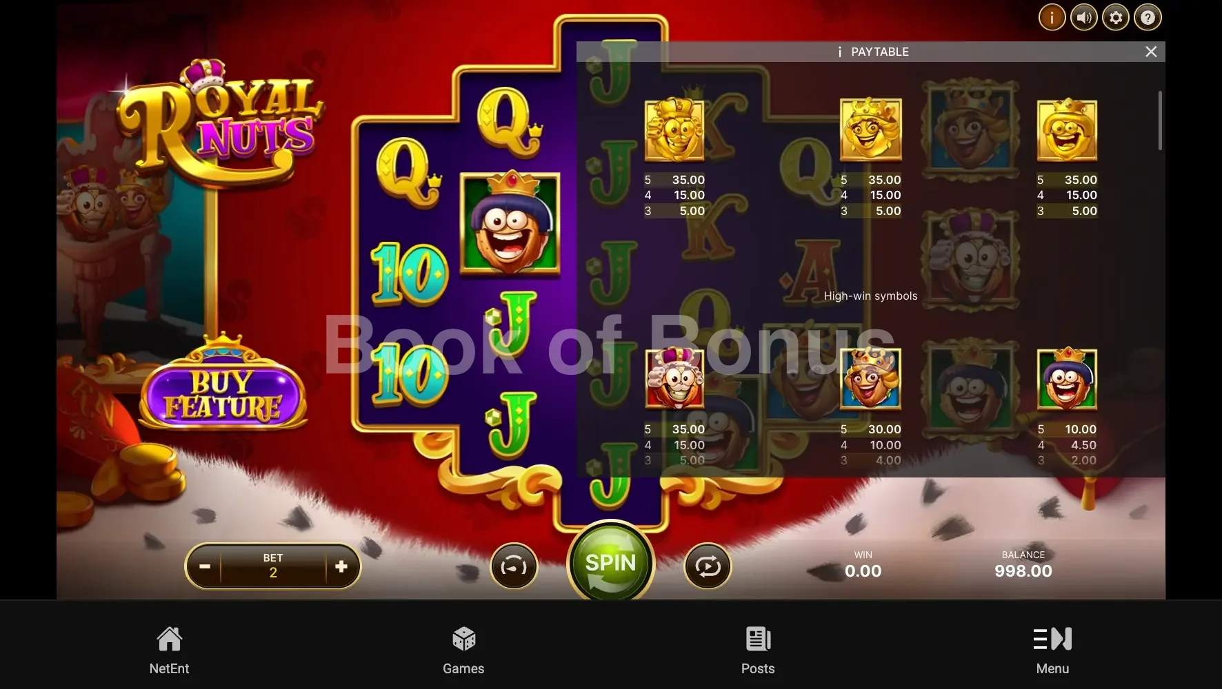 Tableau des gains Royal Nuts
