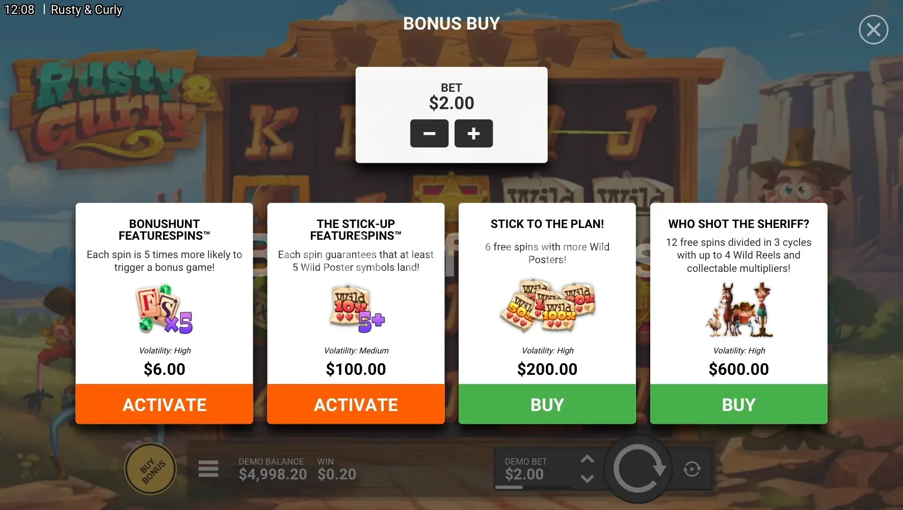 Rusty & Curly par Hacksaw Gaming - menu d'achat de bonus et options