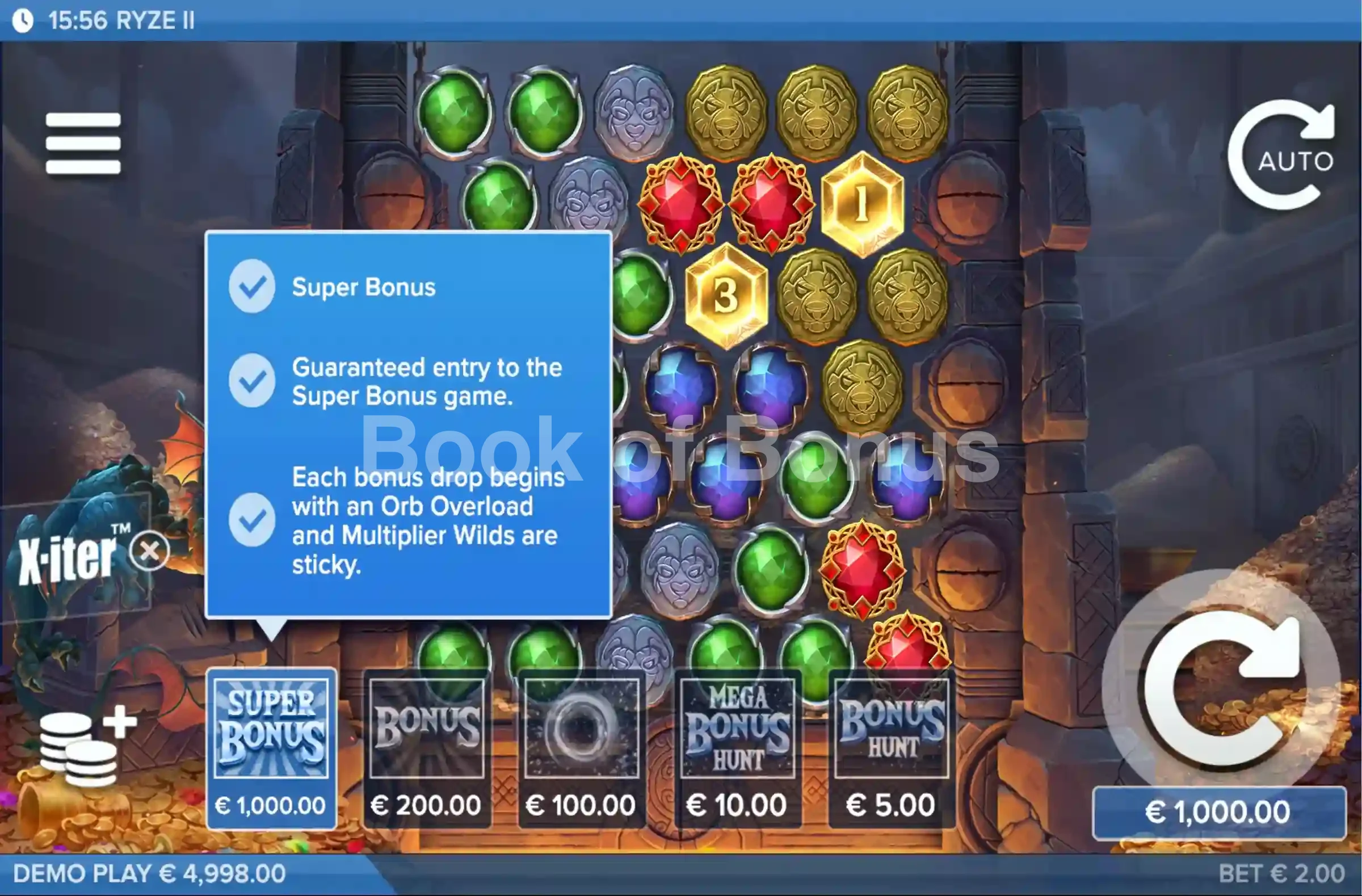 Ryze 2 par ELK Studios - menu d'achat de bonus et options