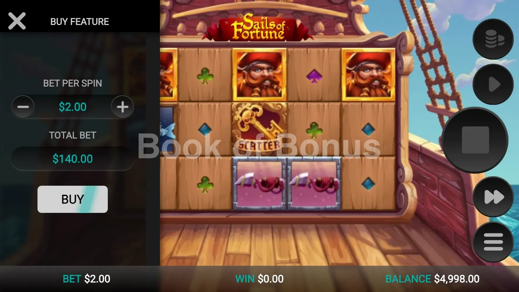 Sails of Fortune par Relax Gaming - menu d'achat de bonus et options