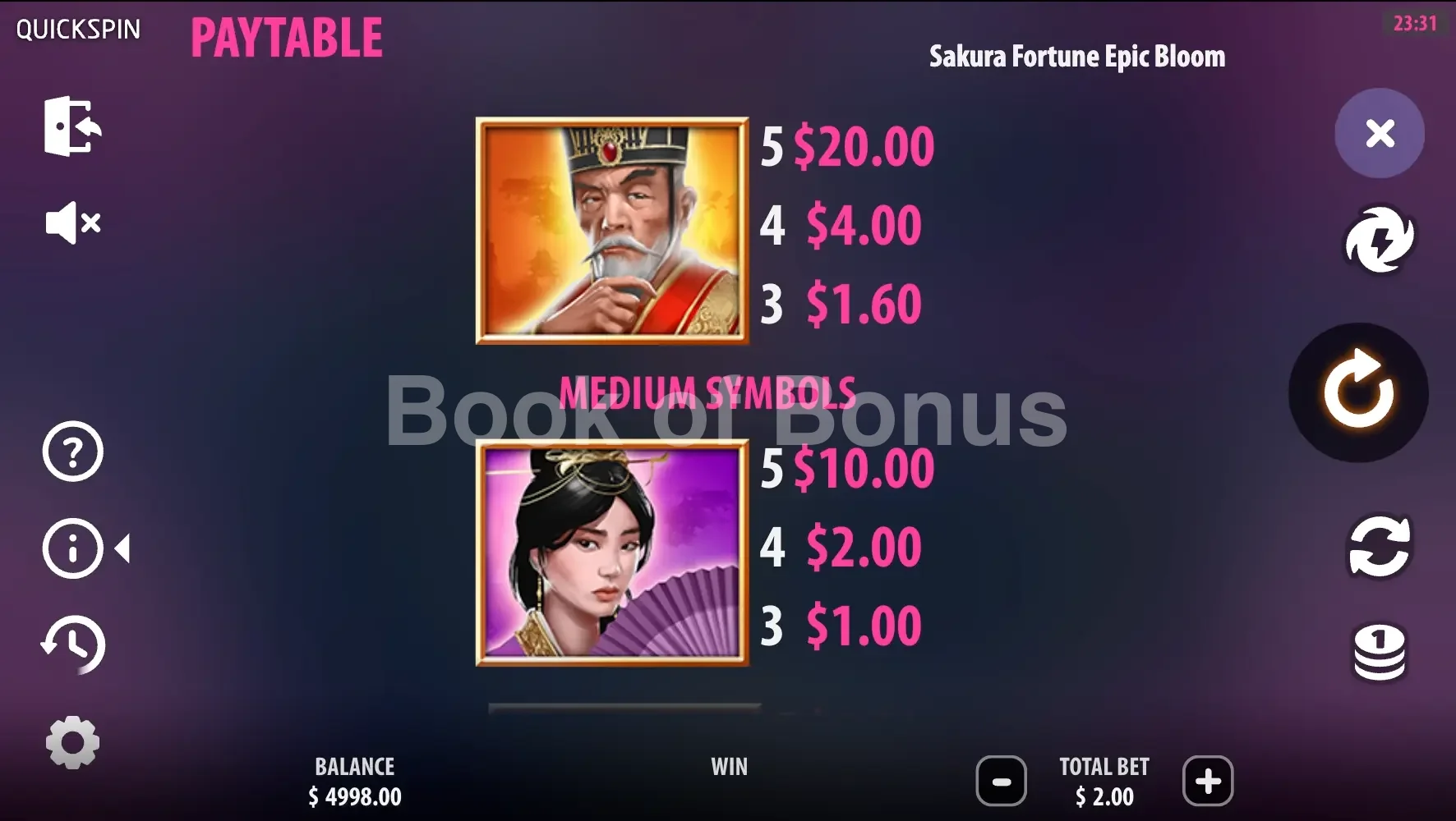 Sakura Fortune Epic Bloom par Quickspin - table des gains et valeurs des symboles