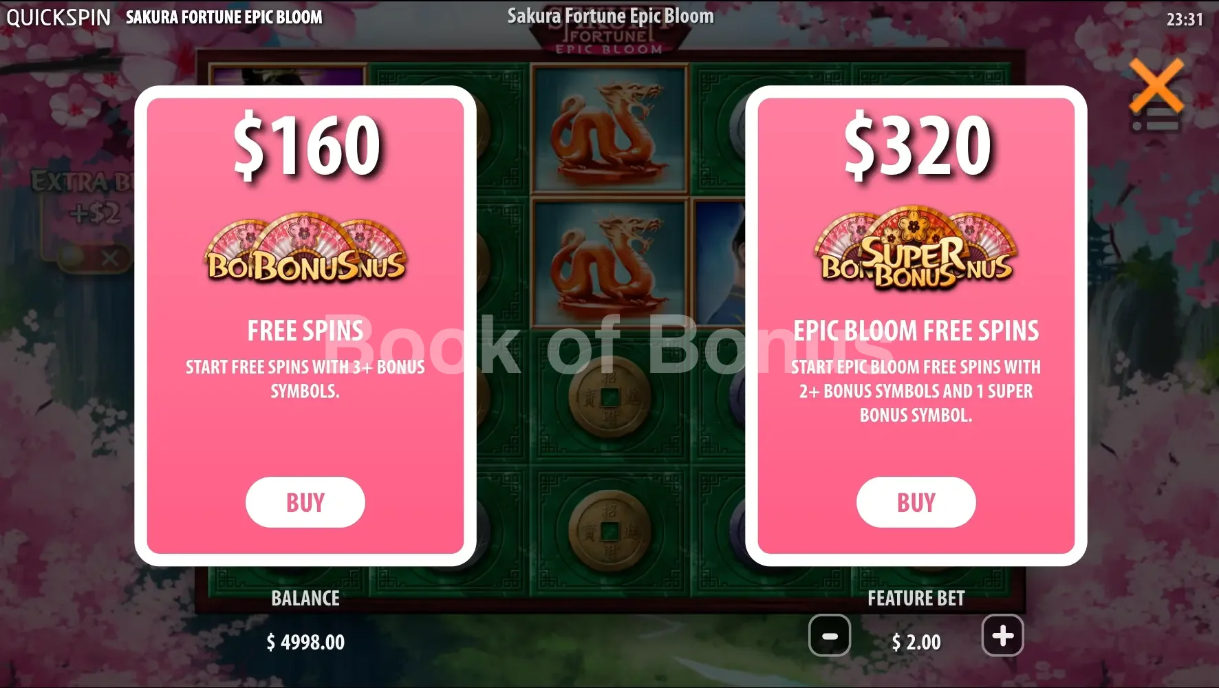Sakura Fortune Epic Bloom par Quickspin - menu d'achat de bonus et options