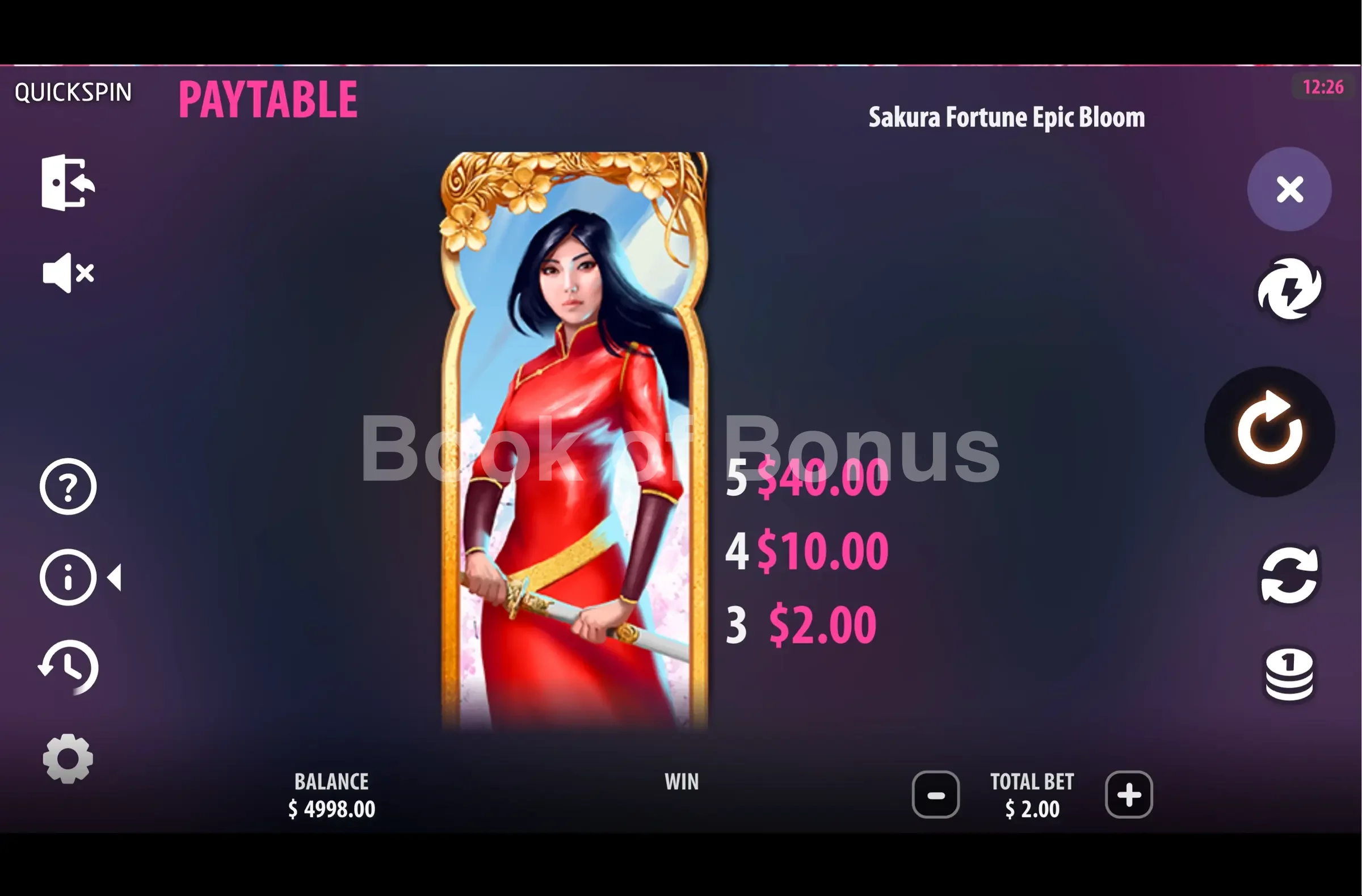 Sakura Fortune par Quickspin - table des gains et valeurs des symboles