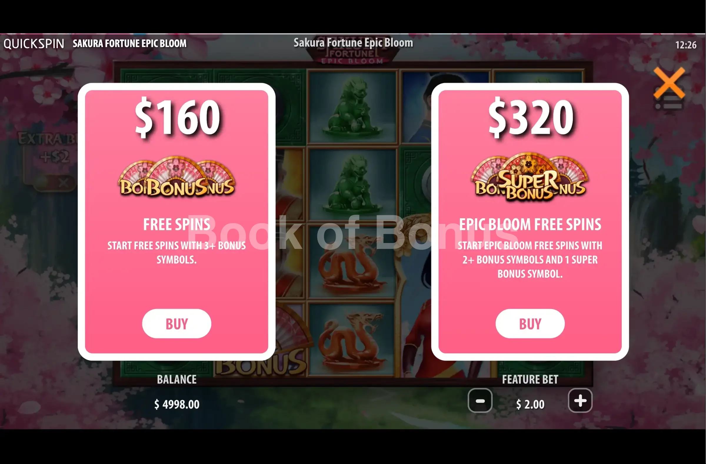 Sakura Fortune par Quickspin - menu d'achat de bonus et options