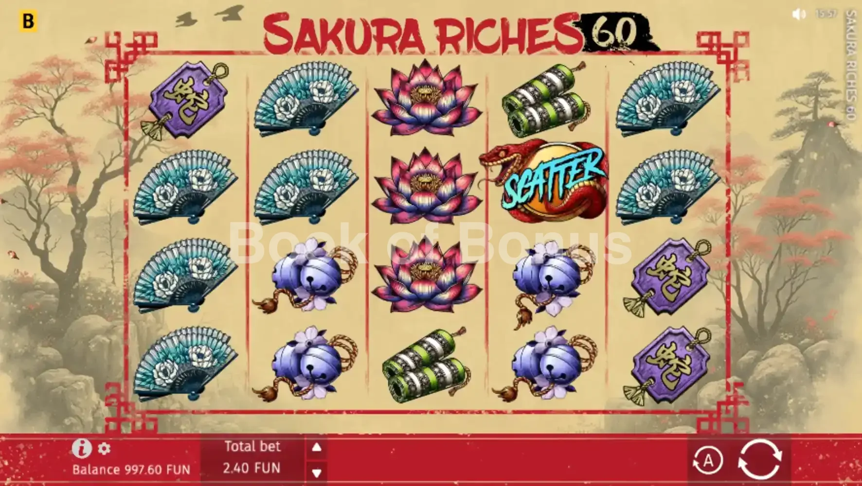 Sakura Riches 60 par BGaming - jeu de base et disposition des rouleaux