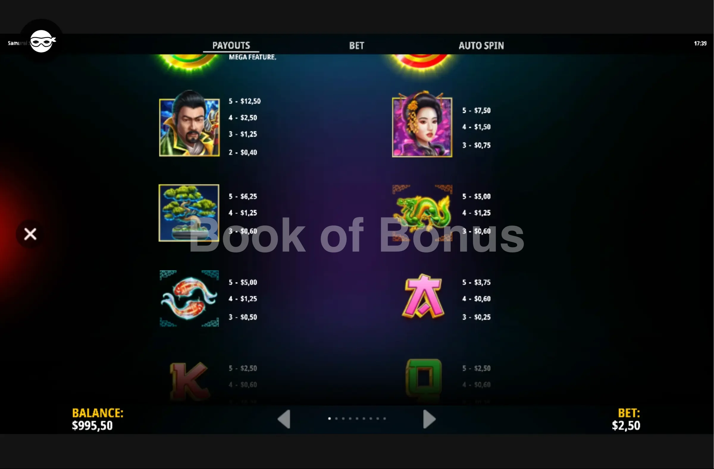Samurai Spin Kenji par iSoftBet - table des gains et valeurs des symboles