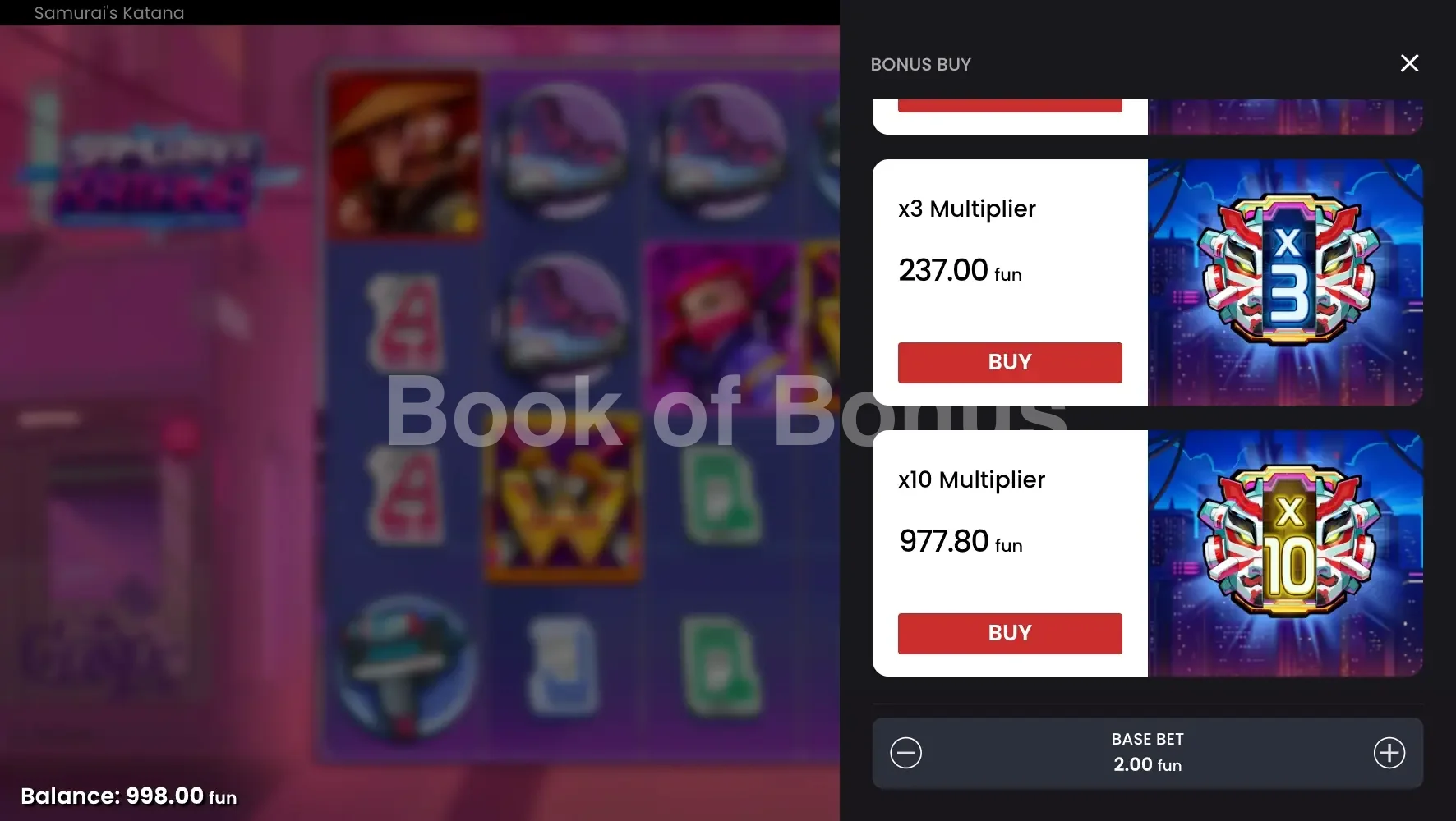 Samurai's Katana par Push Gaming - menu d'achat de bonus et options