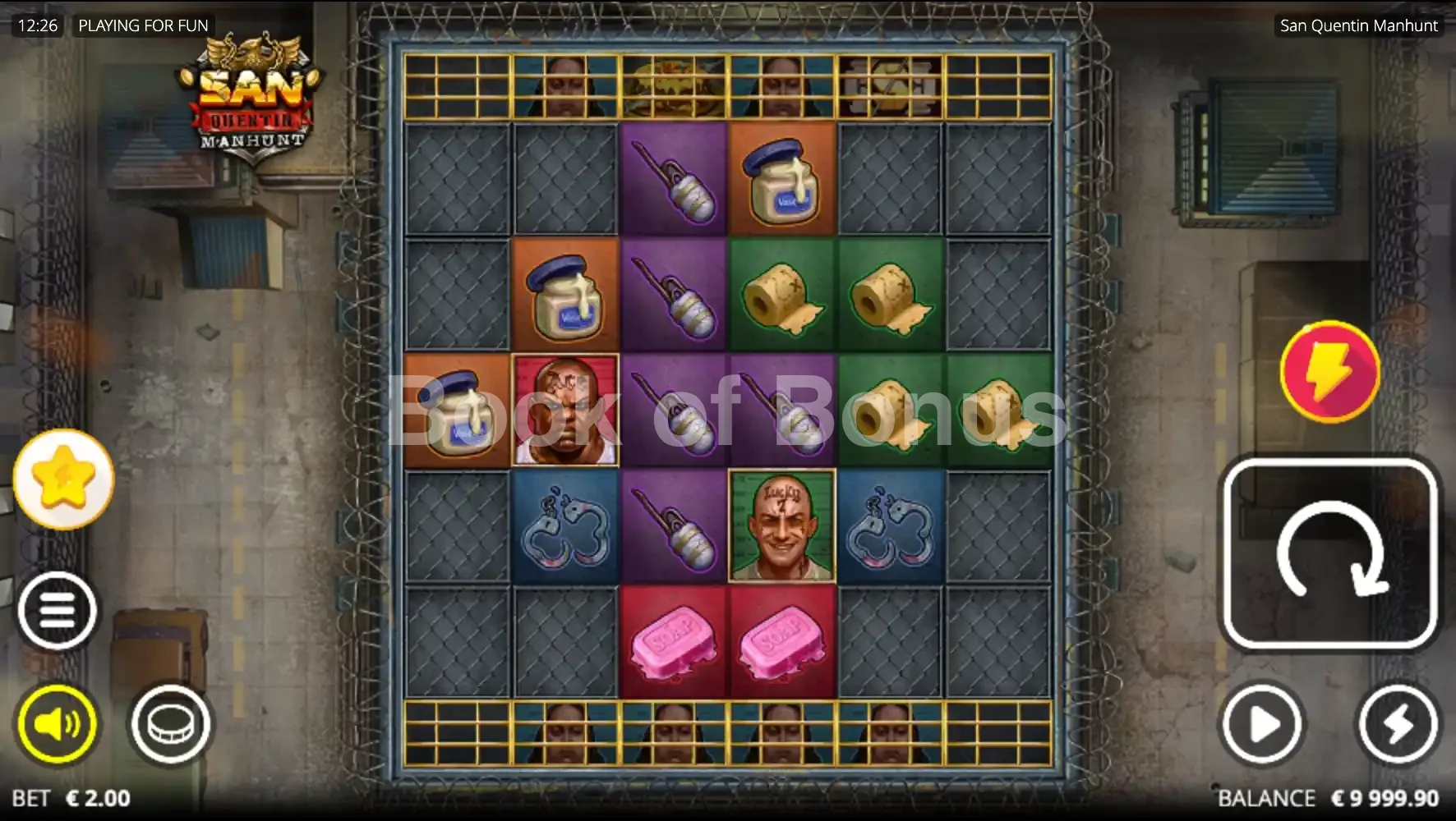 San Quentin Manhunt par Nolimit City - jeu de base et disposition des rouleaux
