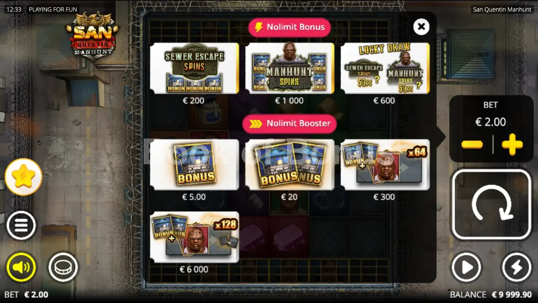 San Quentin Manhunt par Nolimit City - menu d'achat de bonus et options