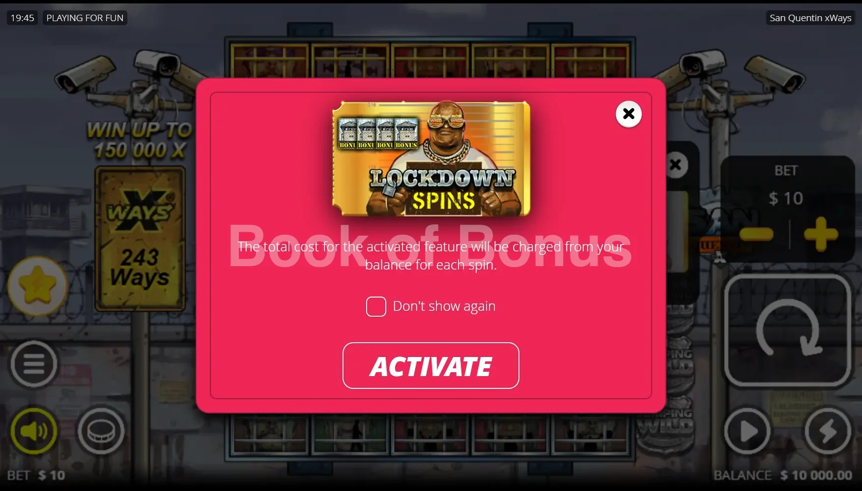 San Quentin xWays par Nolimit City - menu d'achat de bonus et options
