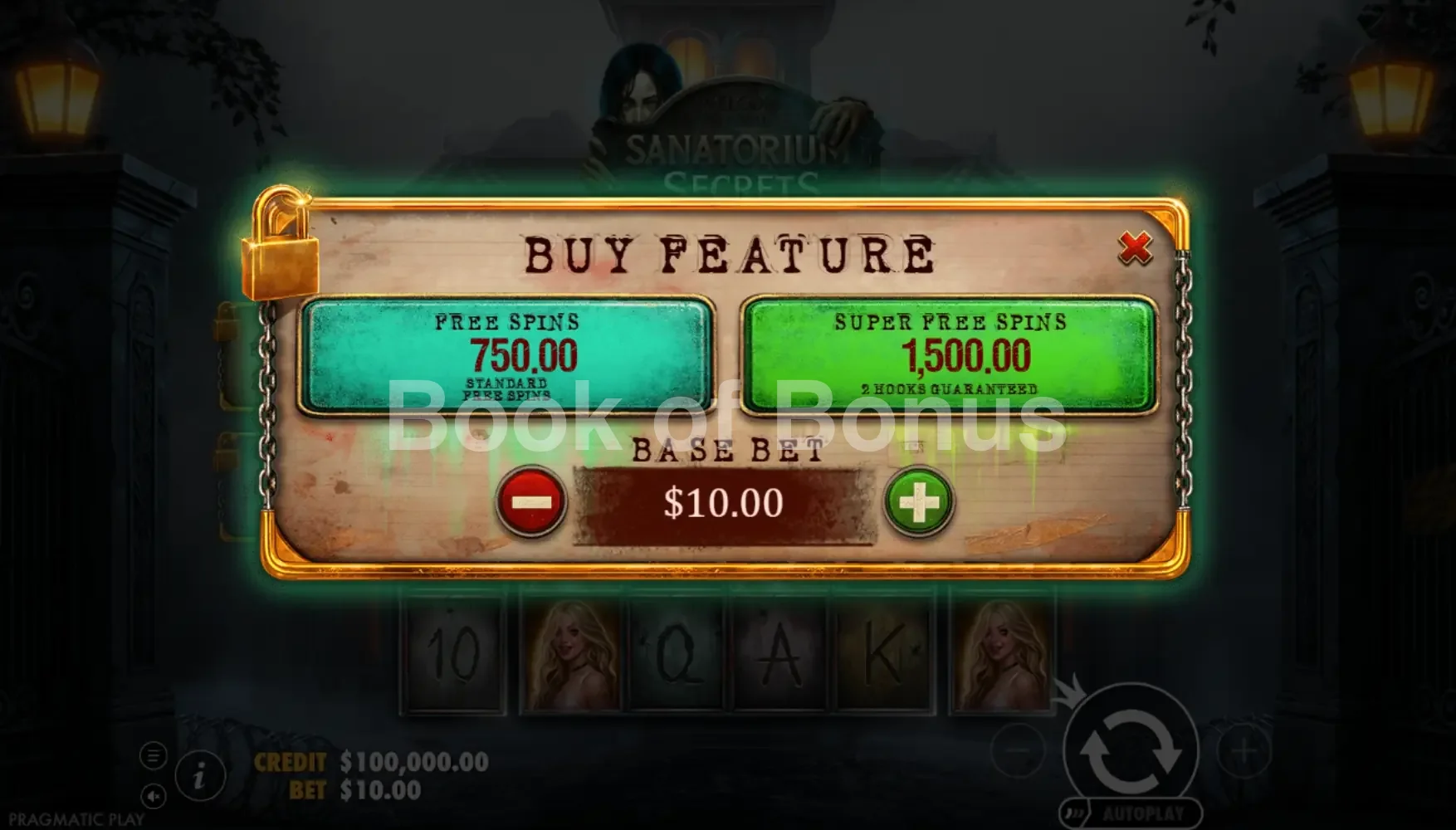 Sanatorium Secrets par Pragmatic Play - menu d'achat de bonus et options