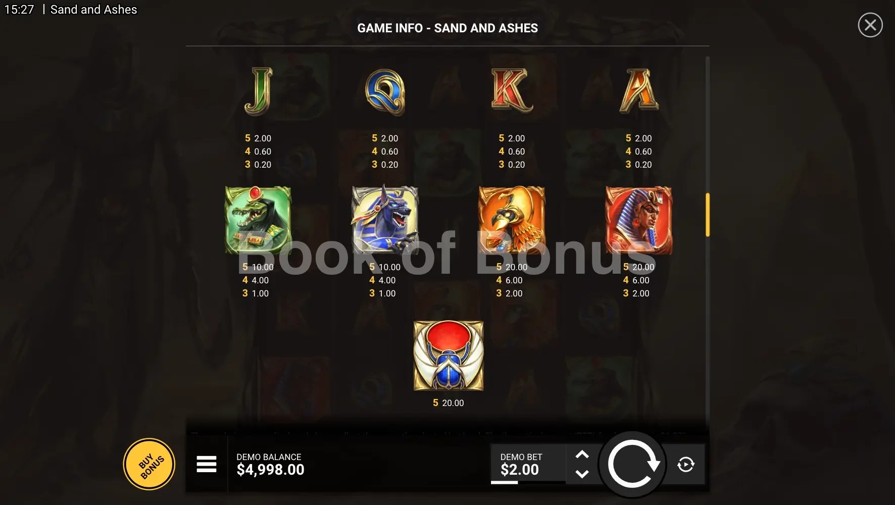 Sand And Ashes par Hacksaw Gaming - table des gains et valeurs des symboles