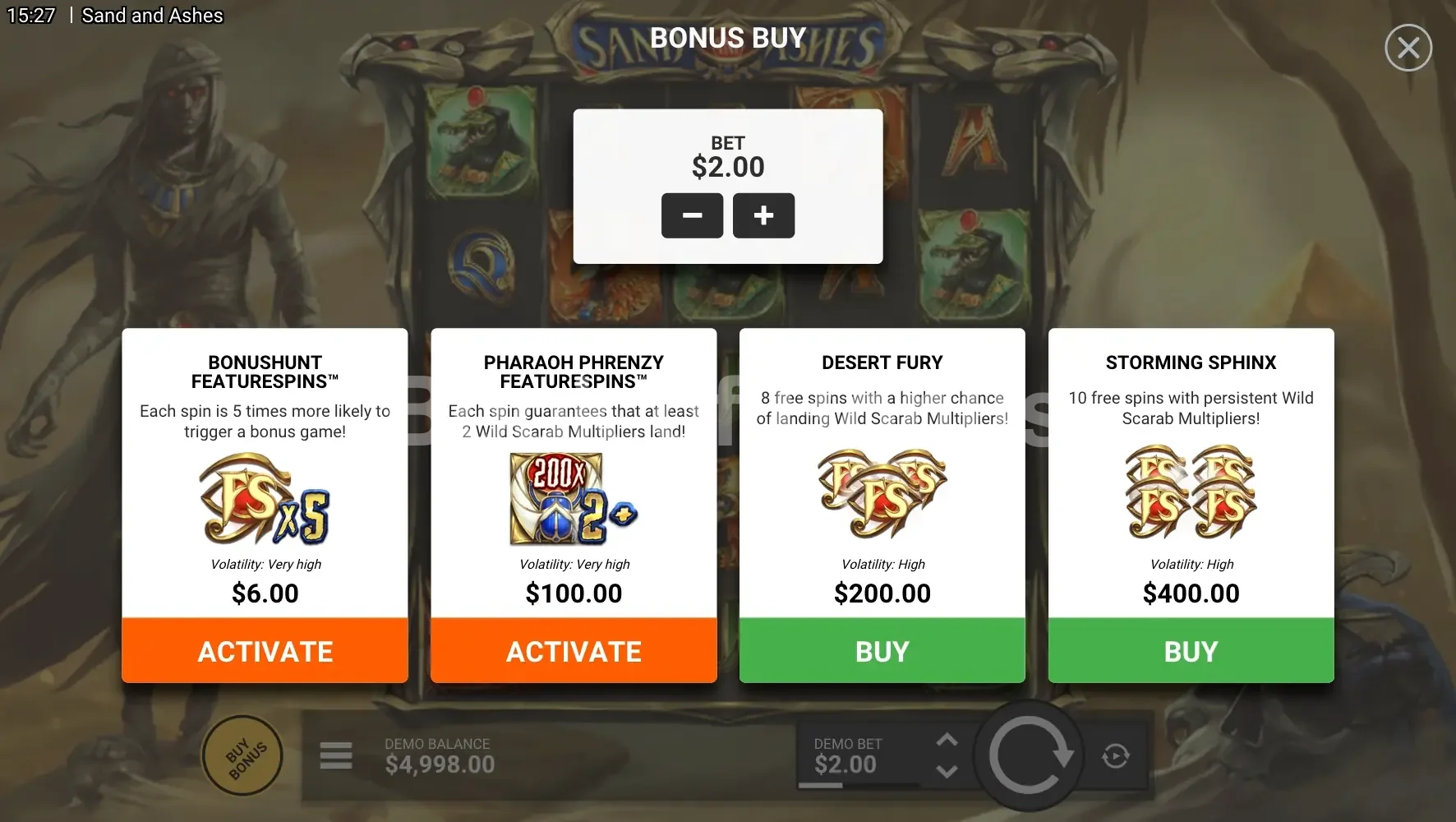 Sand And Ashes par Hacksaw Gaming - menu d'achat de bonus et options