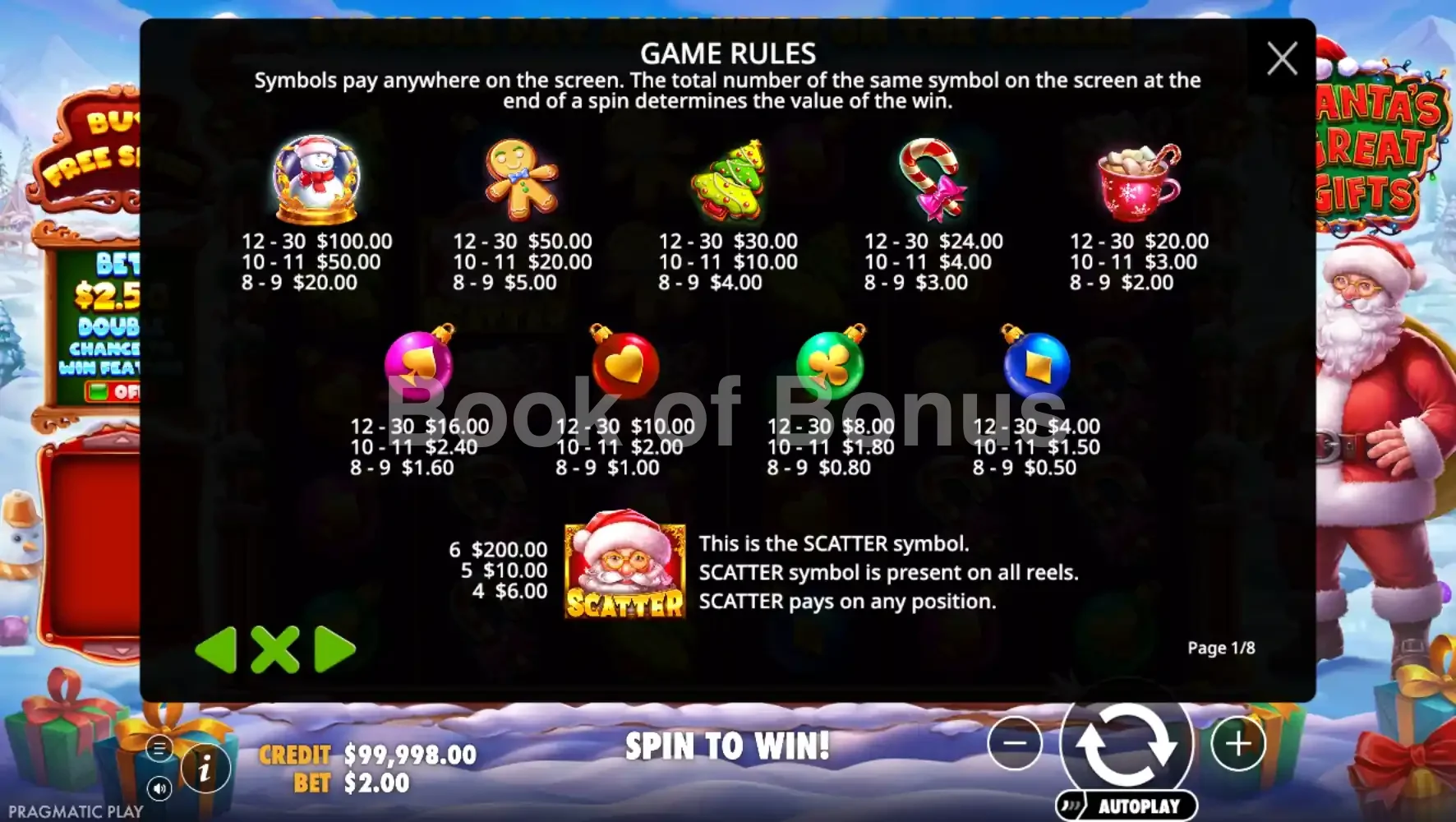 Santa's Great Gifts par Pragmatic Play - table des gains et valeurs des symboles