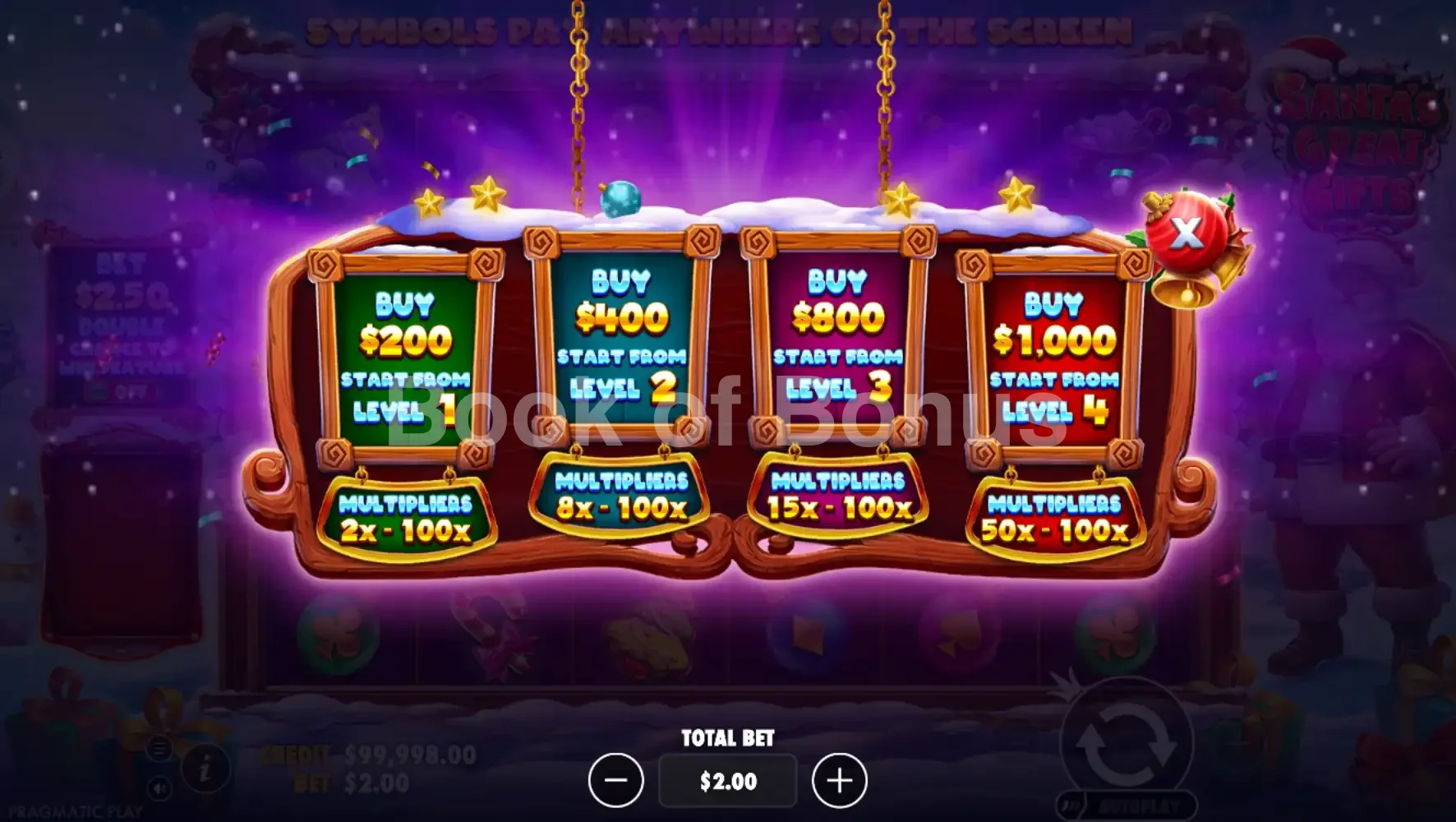 Santa's Great Gifts par Pragmatic Play - menu d'achat de bonus et options