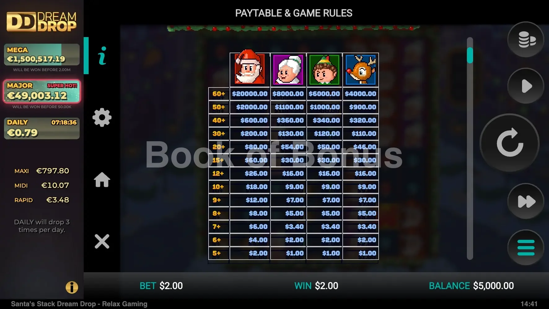 Tableau des gains Santa's Stack Dream Drop