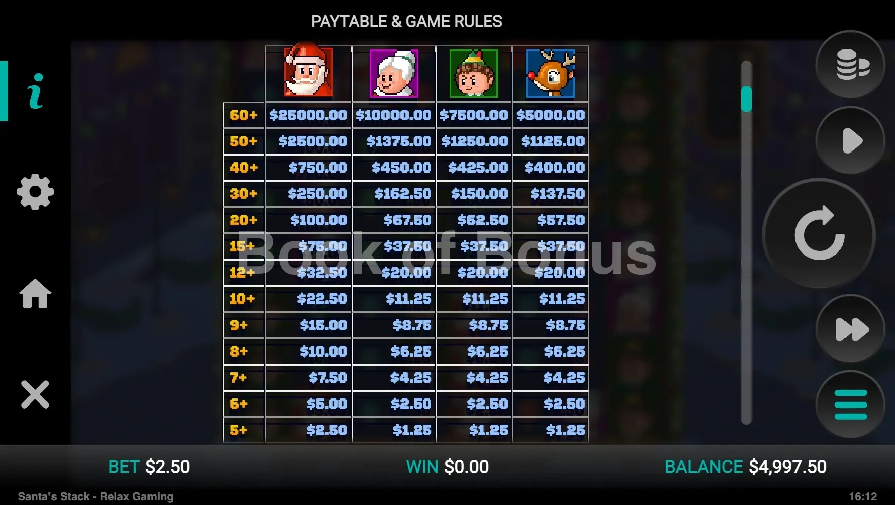 Santa's Stack par Relax Gaming - table des gains et valeurs des symboles