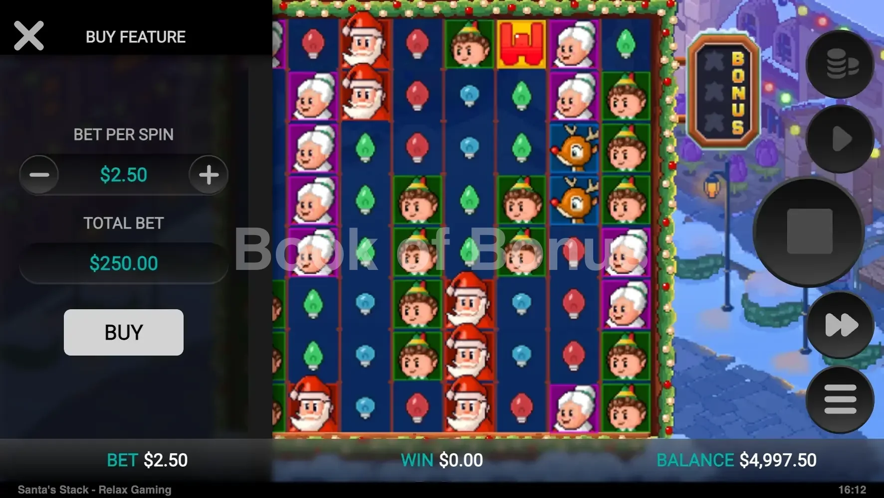 Santa's Stack par Relax Gaming - menu d'achat de bonus et options