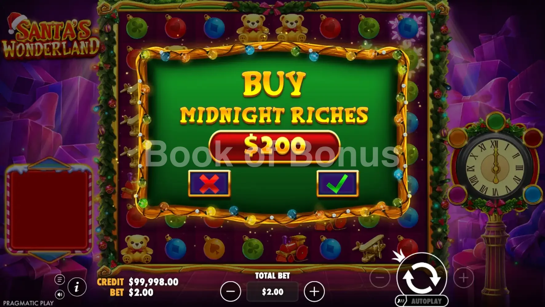 Santa's Wonderland par Pragmatic Play - menu d'achat de bonus et options