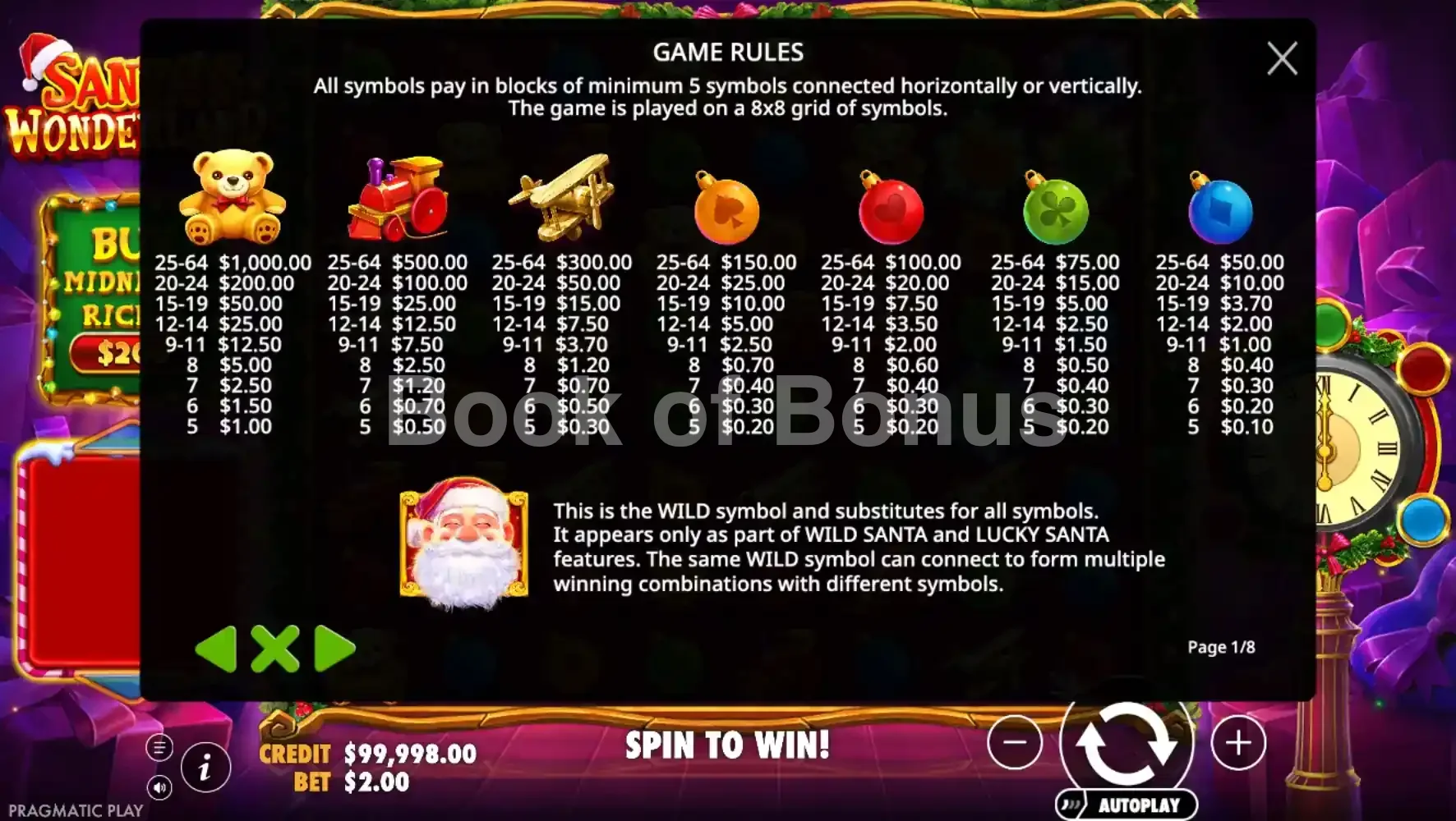 Santa's Wonderland par Pragmatic Play - table des gains et valeurs des symboles