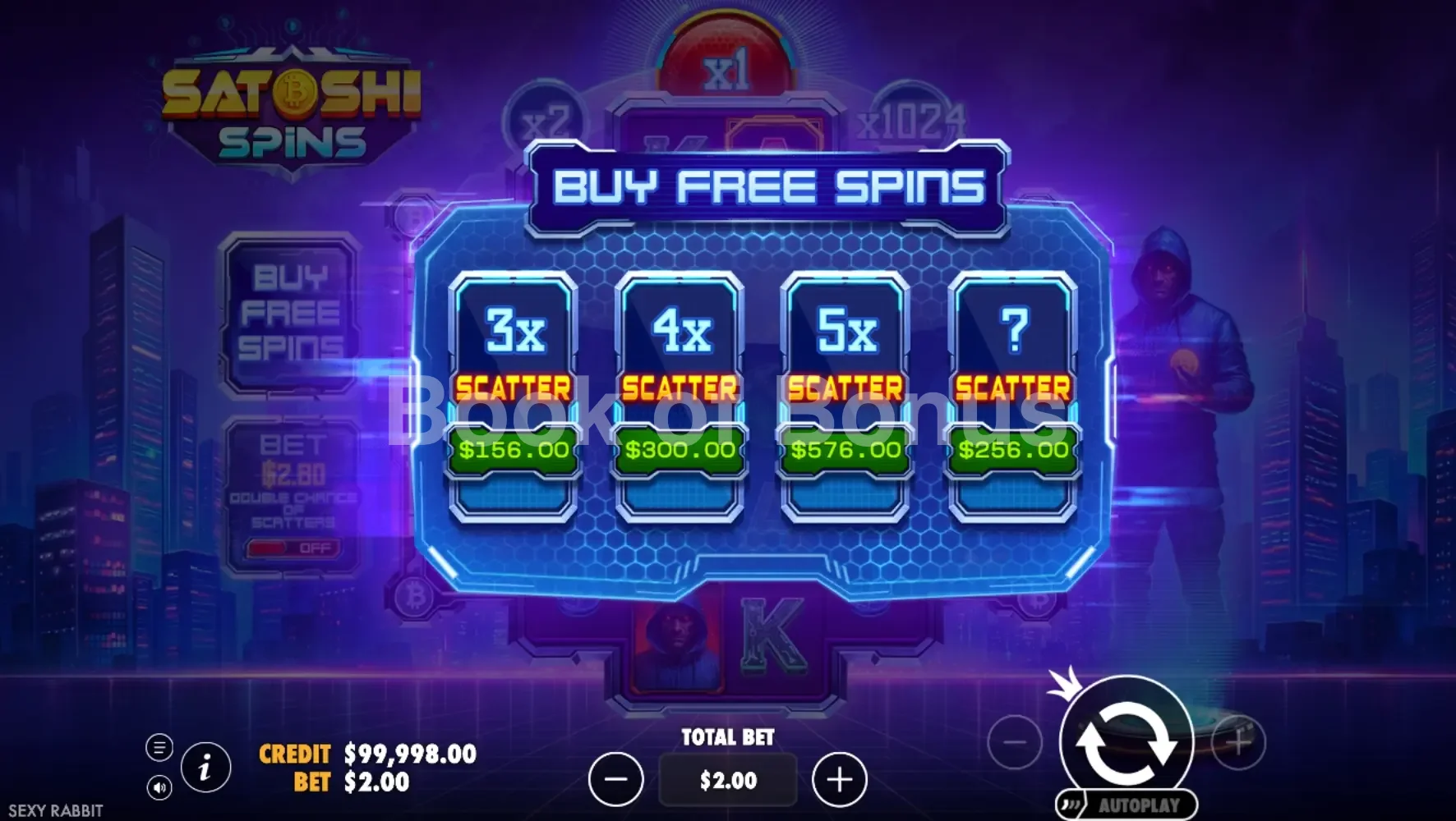 Satoshi Spins par Pragmatic Play - menu d'achat de bonus et options