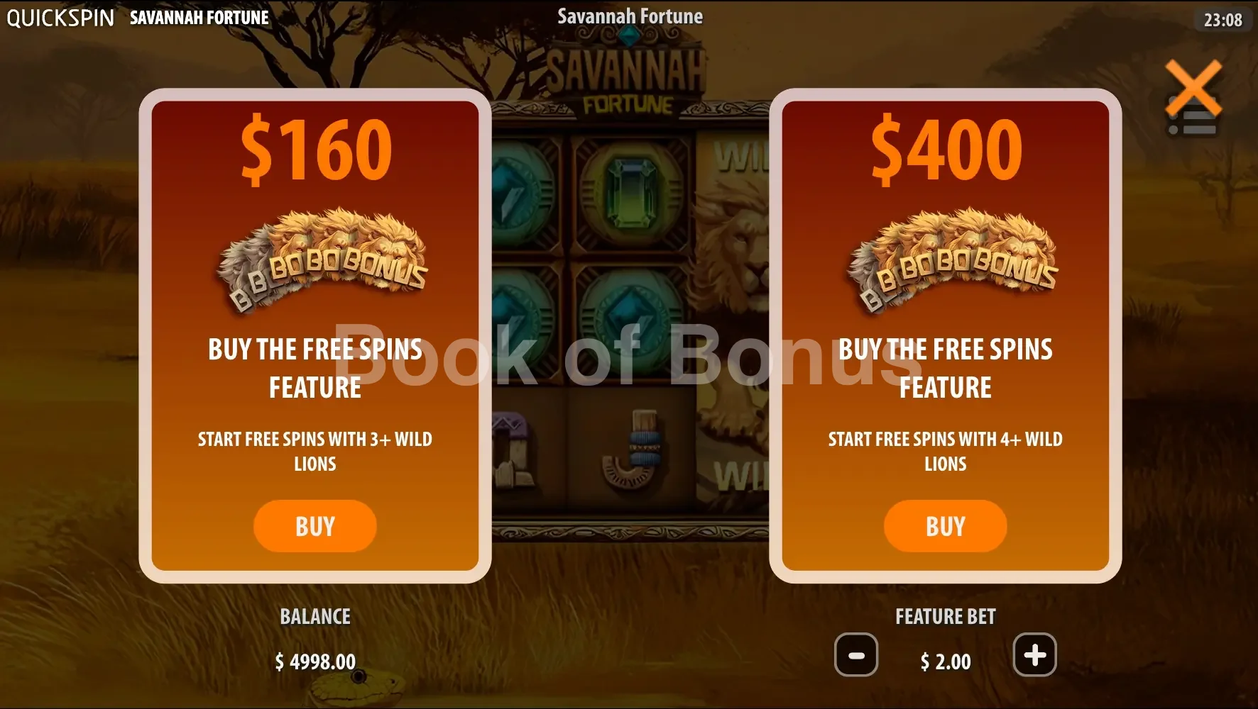Savannah Fortune par Quickspin - menu d'achat de bonus et options
