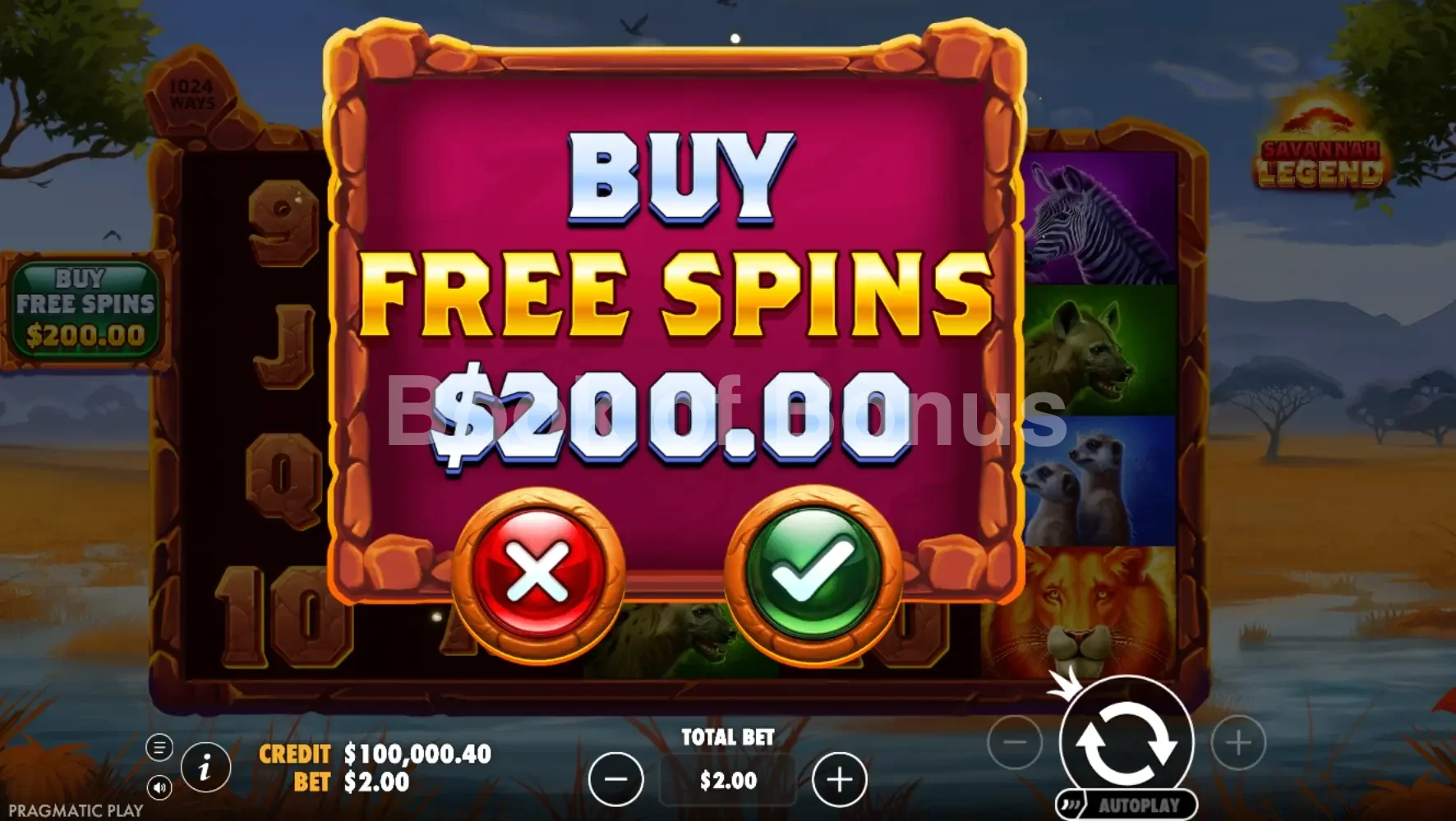 Savannah Legend par Pragmatic Play - menu d'achat de bonus et options
