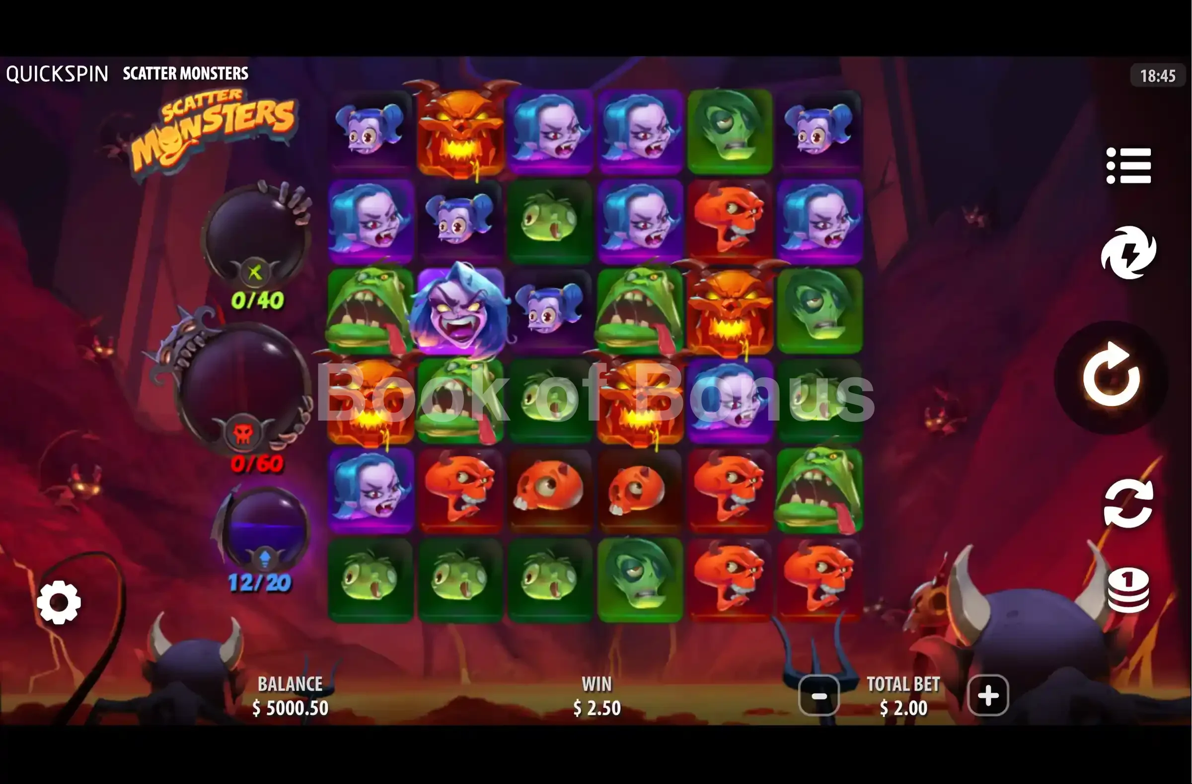 Scatter Monsters par Quickspin - jeu de base et disposition des rouleaux