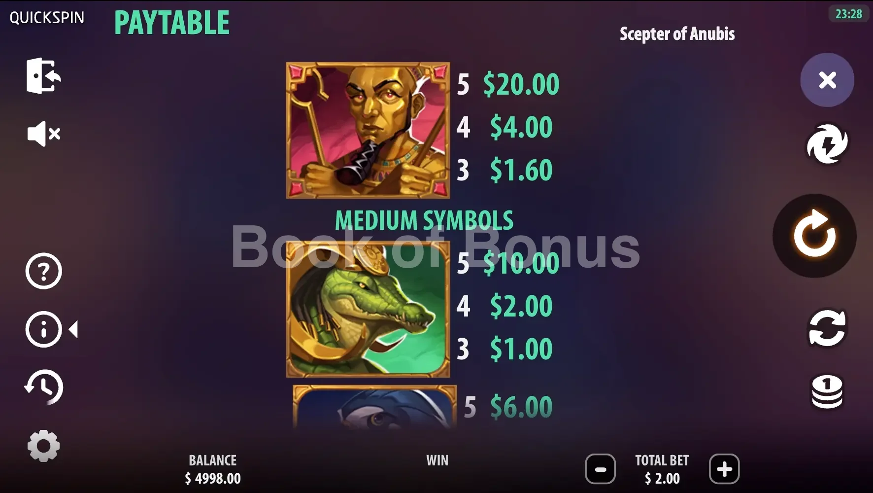 Scepter of Anubis par Quickspin - table des gains et valeurs des symboles