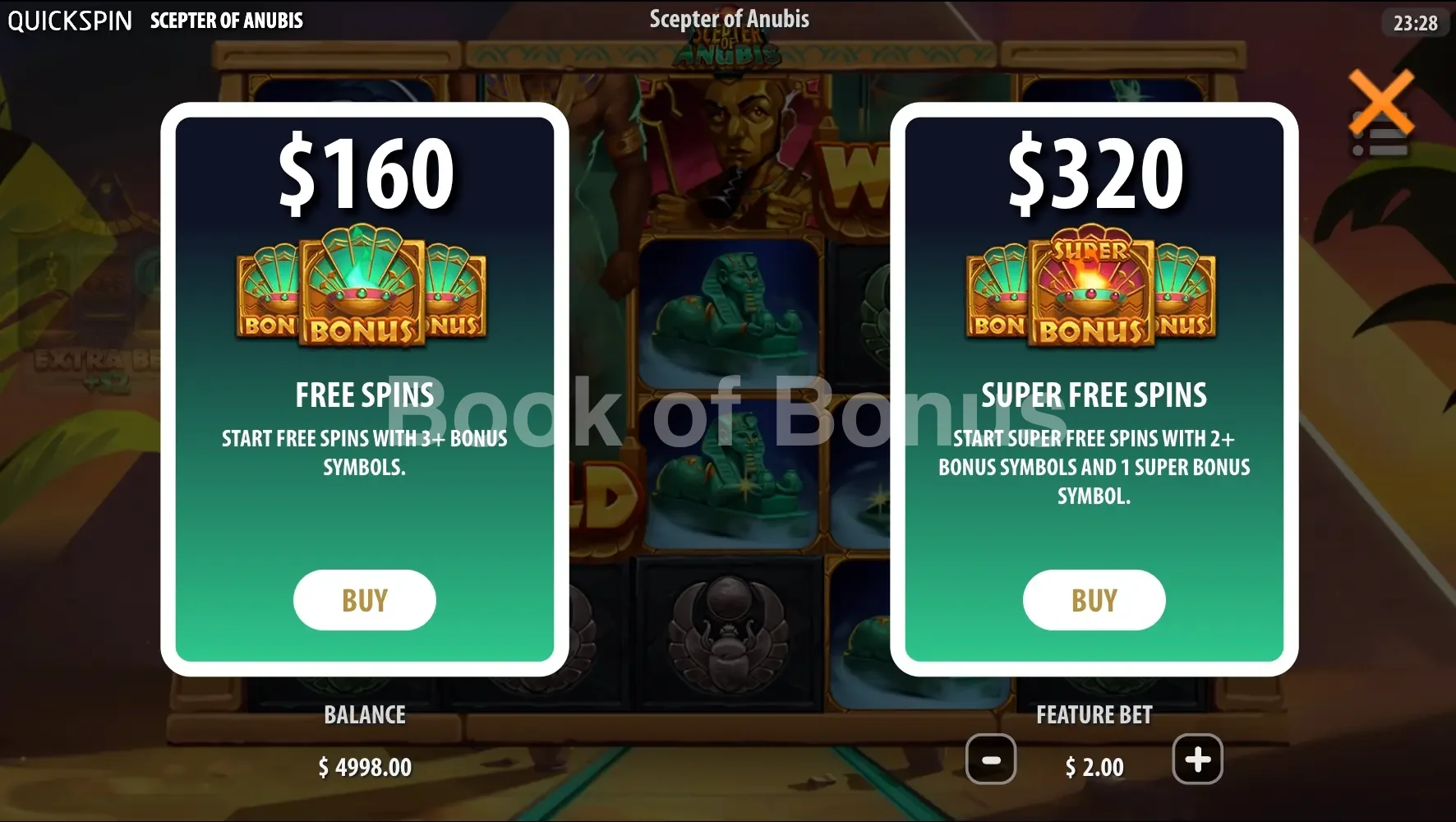 Scepter of Anubis par Quickspin - menu d'achat de bonus et options