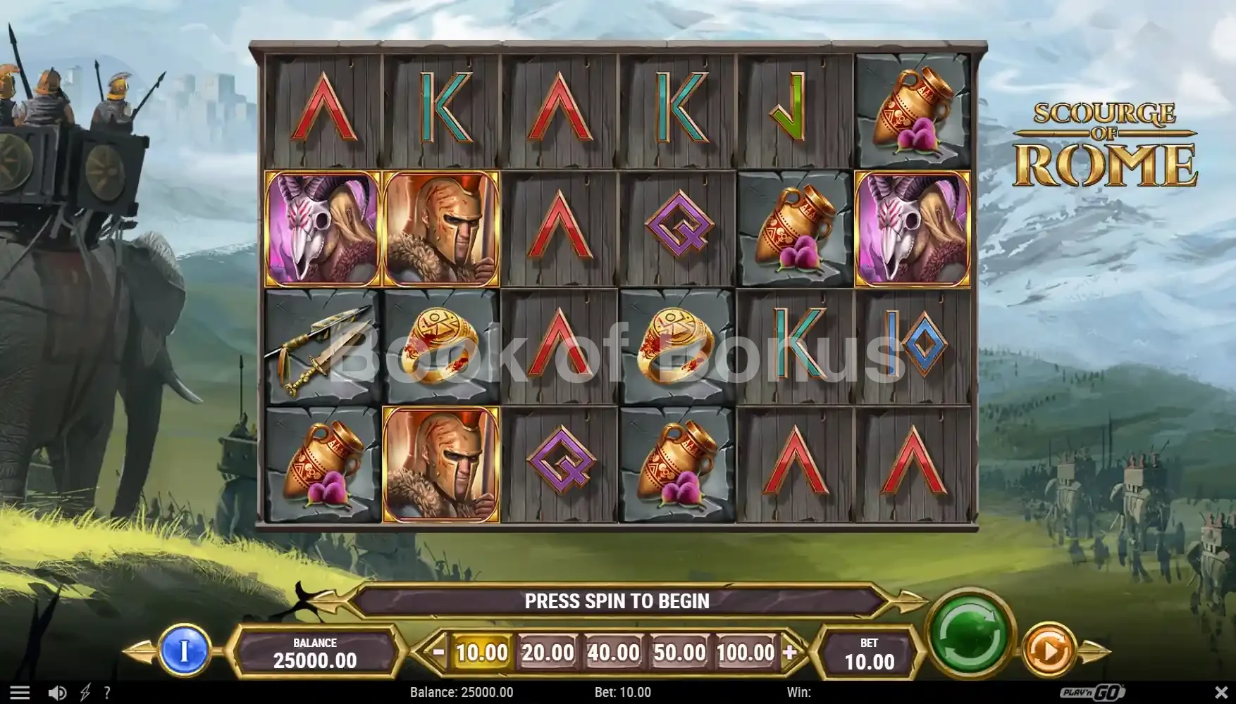 Scourge of Rome par Play'n GO - jeu de base et disposition des rouleaux