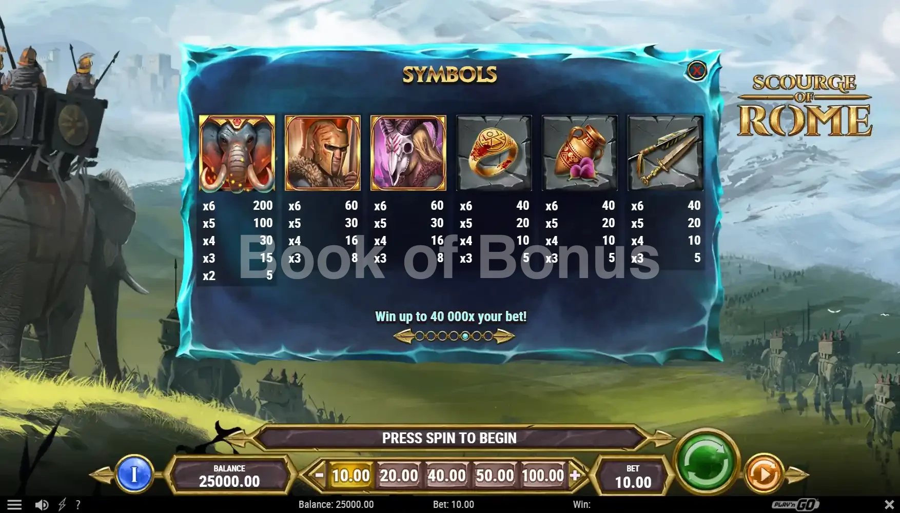 Scourge of Rome par Play'n GO - table des gains et valeurs des symboles