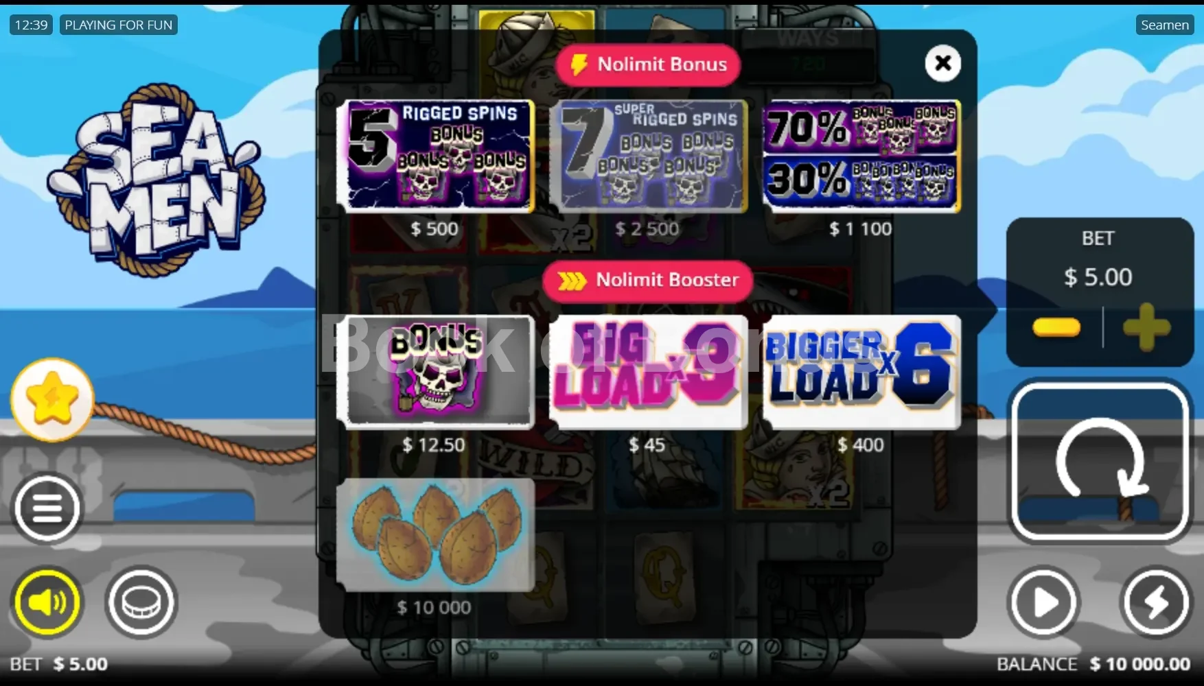 Seamen par Nolimit City - menu d'achat de bonus et options